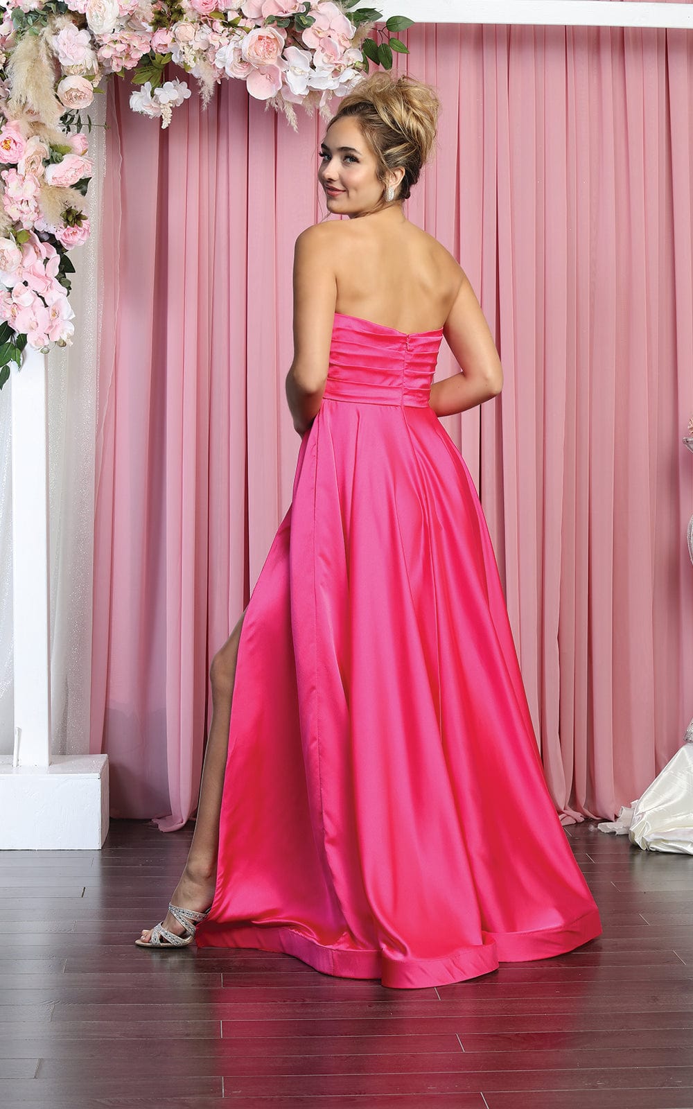 Fuchsia Sweetheart Floor-Length Satin Prom Strapless Gown High Slit May Queen MQ1846