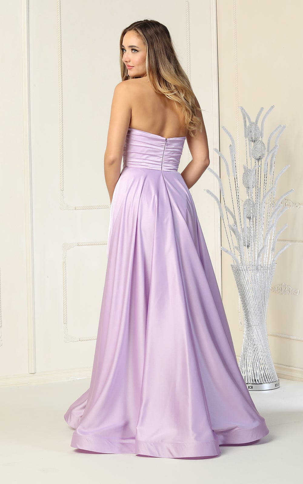 Lilac Sweetheart Floor-Length Satin Prom Strapless Gown High Slit May Queen MQ1846