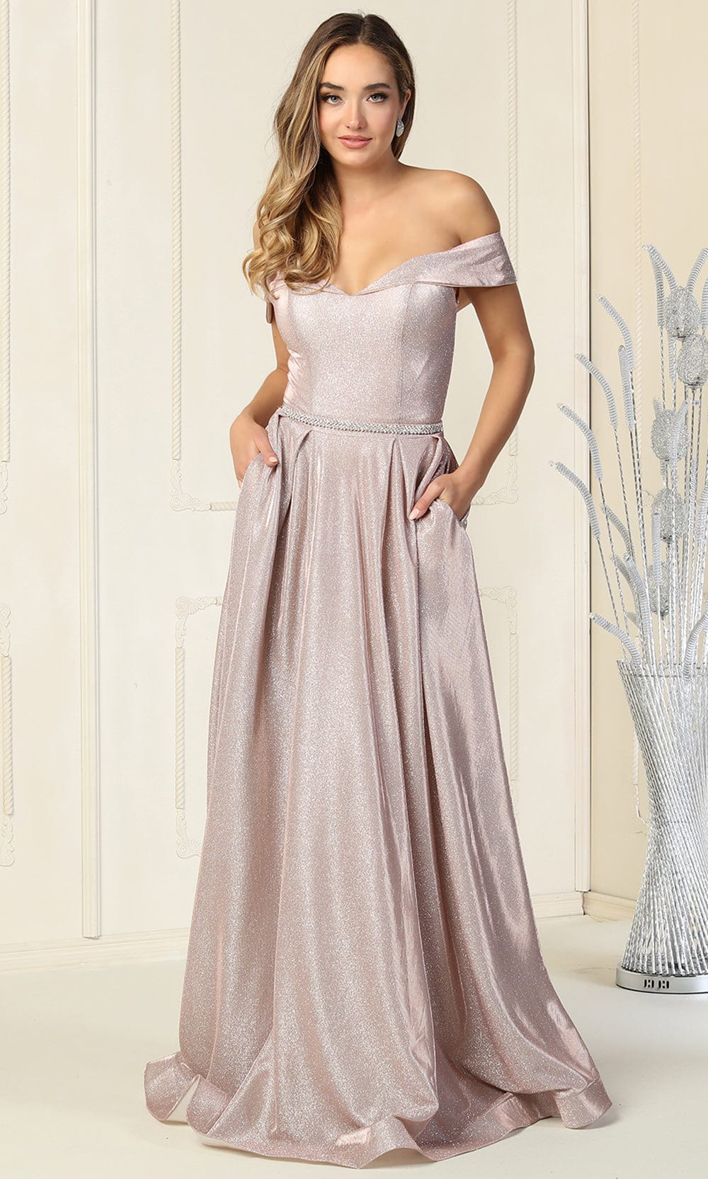 Rose Gold Off-the-Shoulder Floor-Length Glitter Formal A-Line Dress May Queen MQ1876