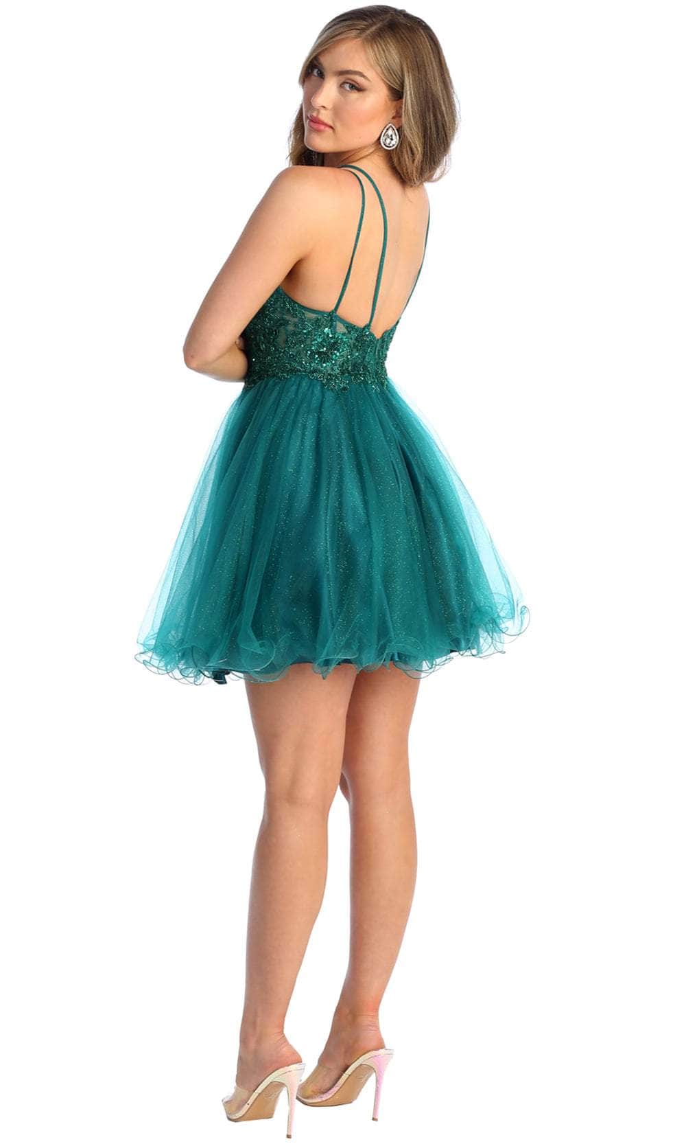 Hunter Green V-Neck Short Tulle Cocktail Lace Dress May Queen MQ1913