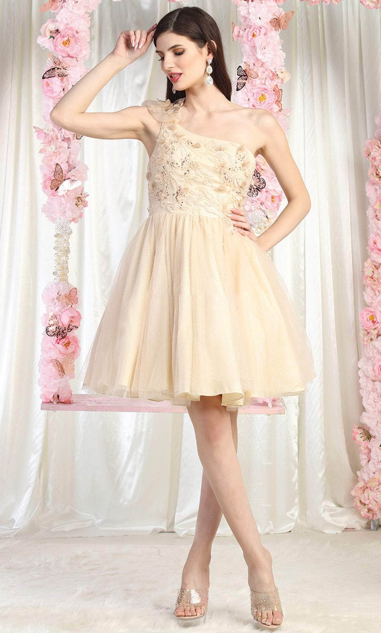 Champagne One-Shoulder Short Tulle Cocktail Floral Dress May Queen MQ1952