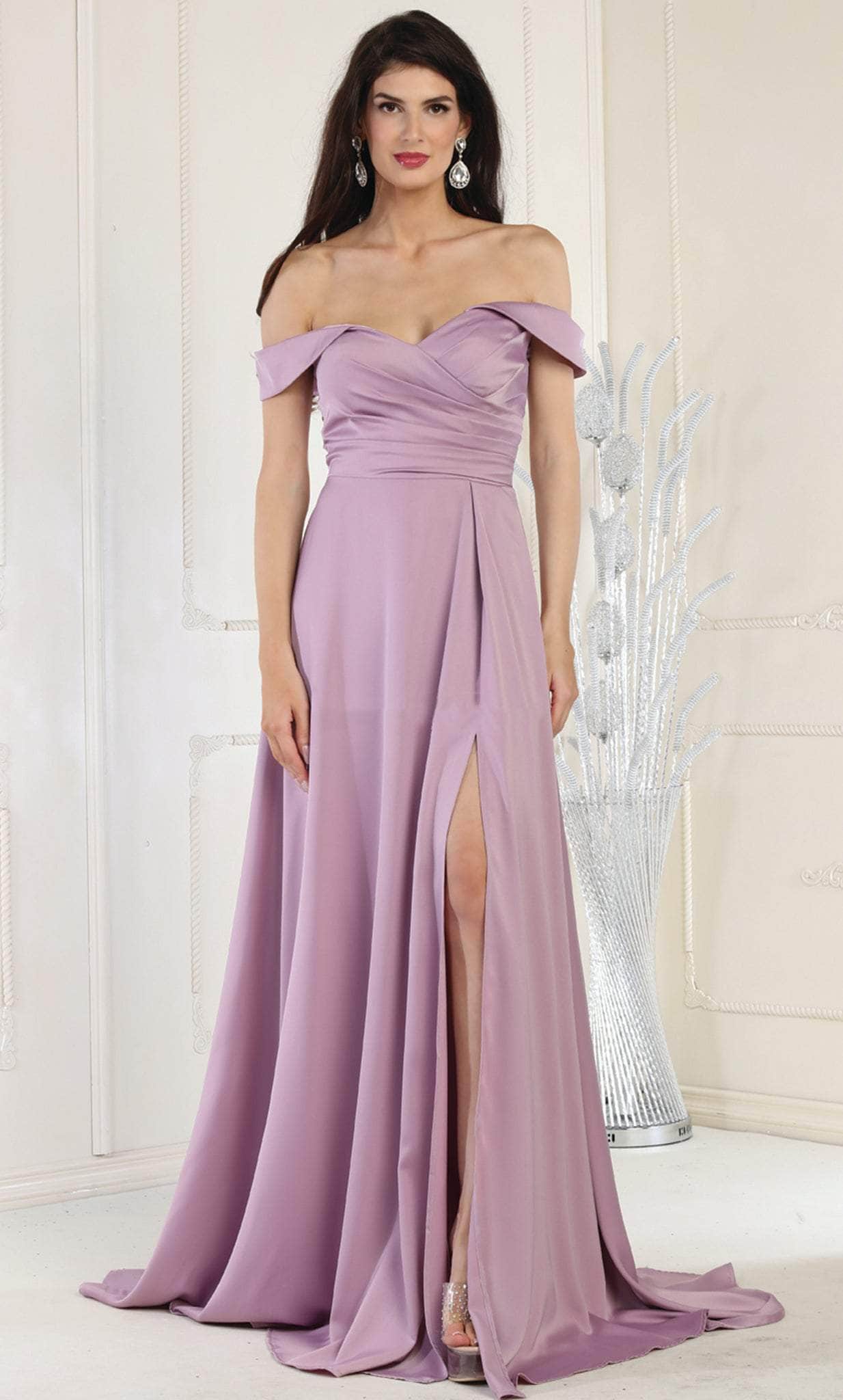Mauve Off-the-Shoulder Floor-Length Chiffon Formal High Slit Gown May Queen MQ1960