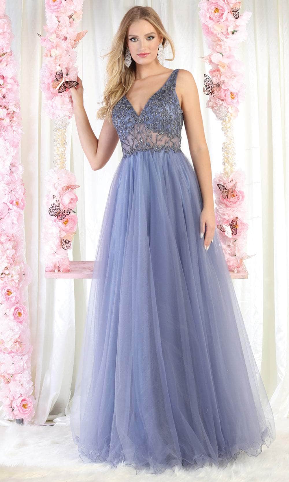 V-Neck Floor-Length Tulle Evening A-Line May Queen 1971