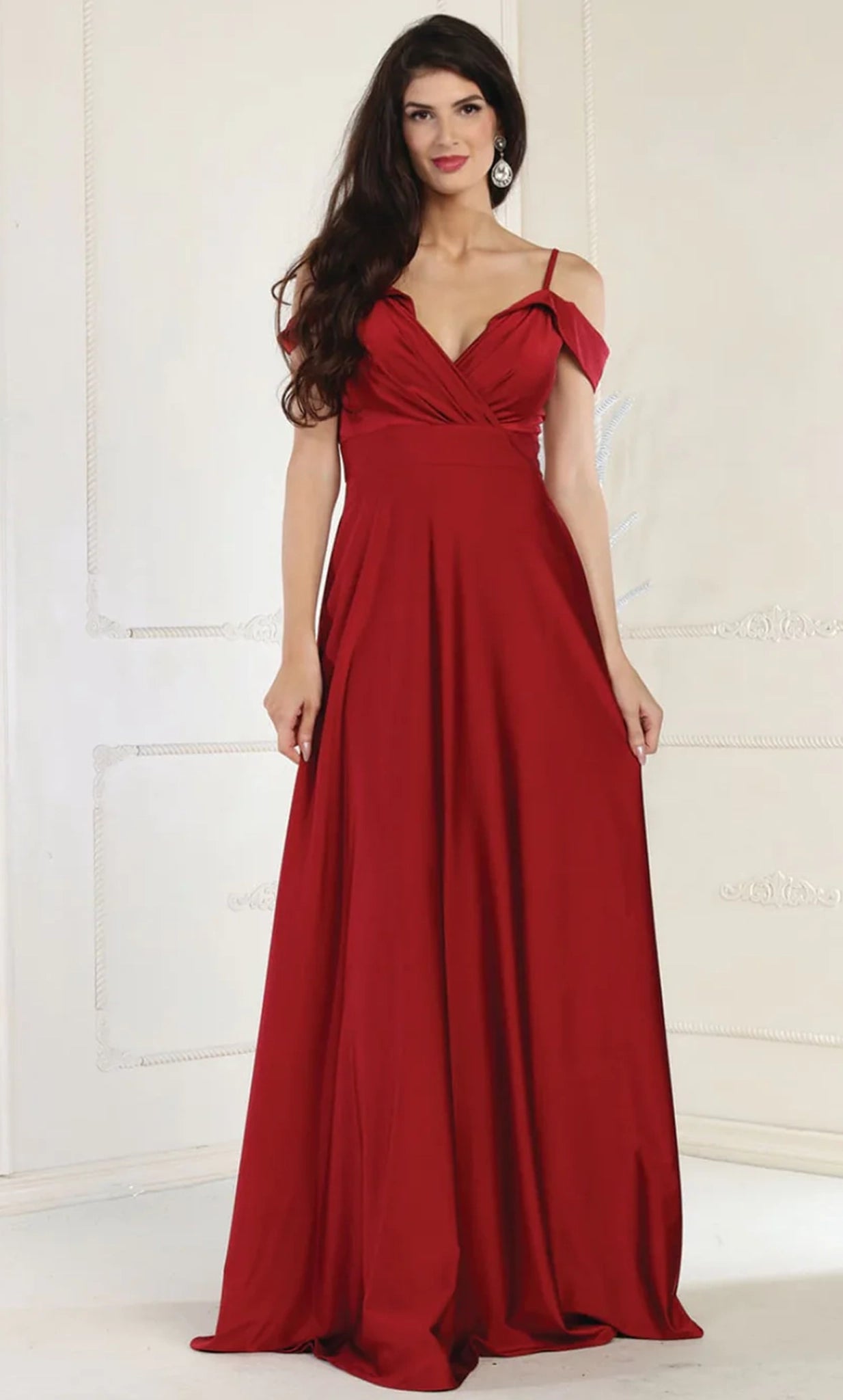 Burgundy V-Neck Floor-Length Satin Formal Off Shoulder Gown May Queen MQ1988