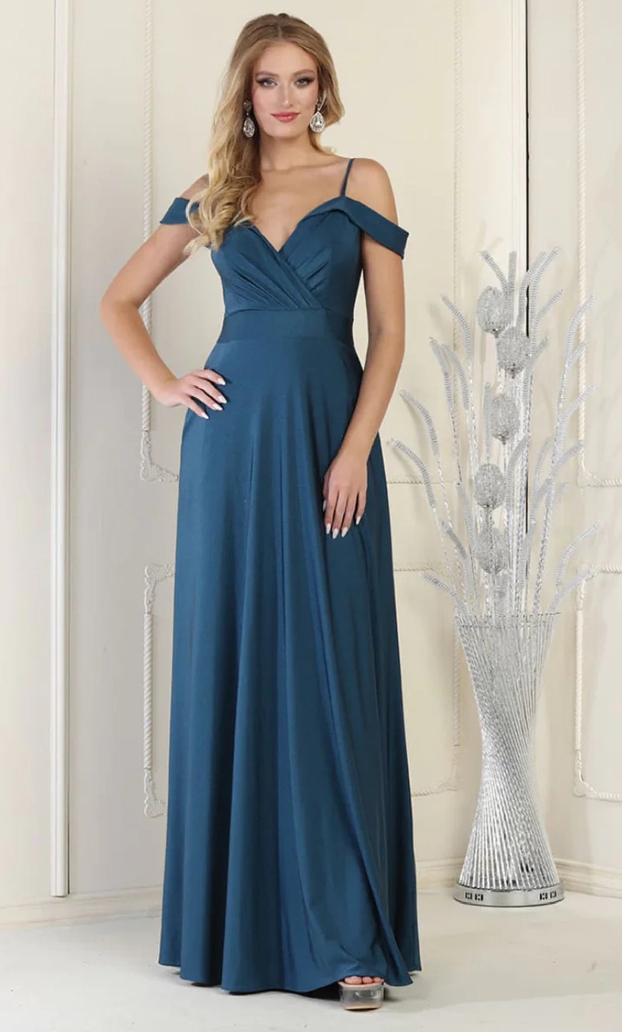 Teal Blue V-Neck Floor-Length Satin Formal Off Shoulder Gown May Queen MQ1988