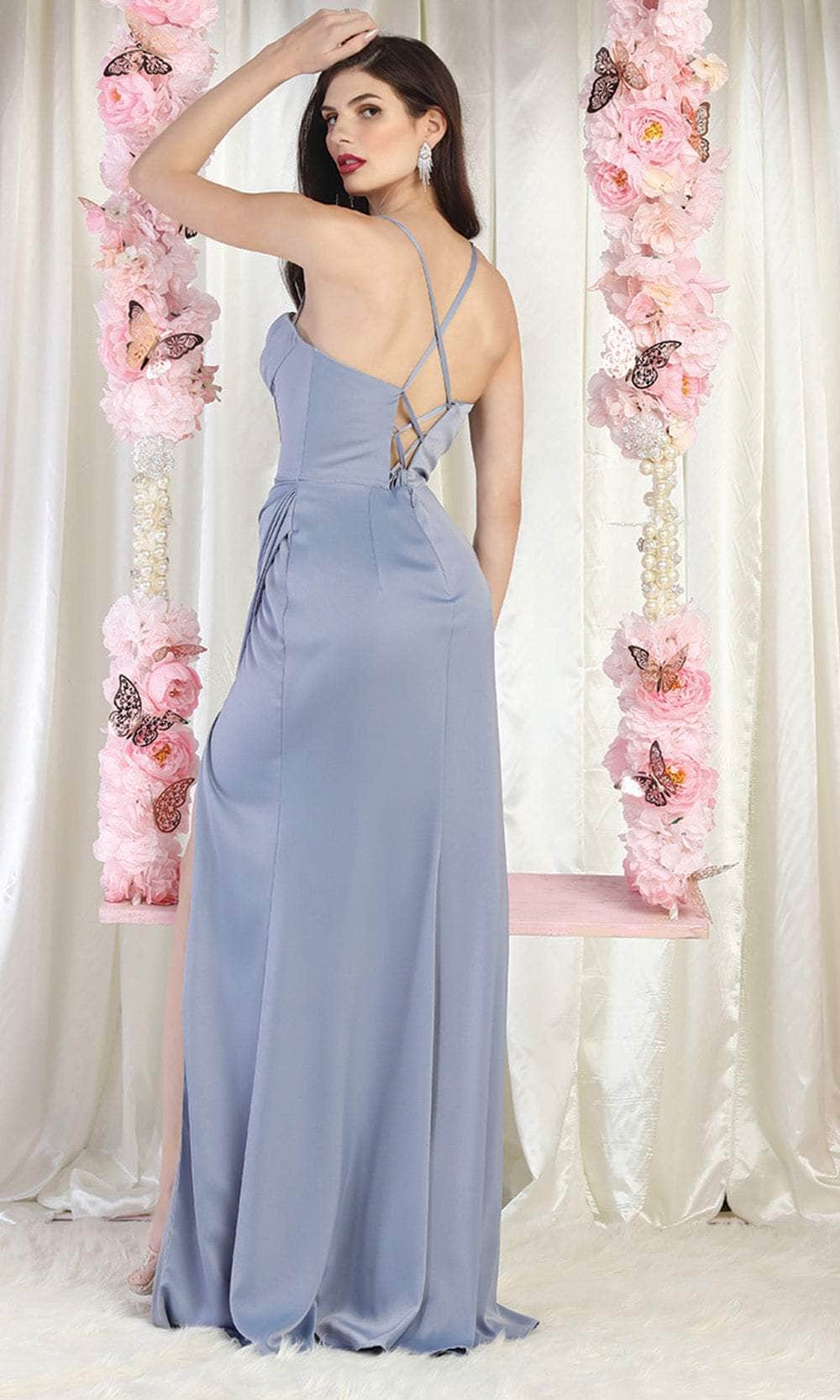Dusty Blue Cowl-Neck Floor-Length Satin Formal Corset Gown High Slit May Queen MQ1992