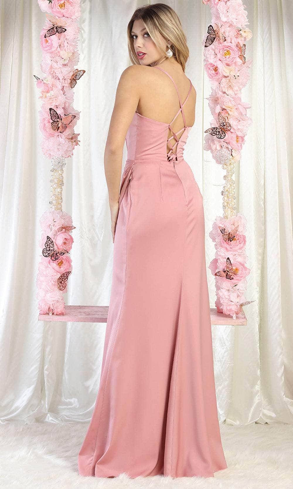 Dusty Rose Cowl-Neck Floor-Length Satin Formal Corset Gown High Slit May Queen MQ1992