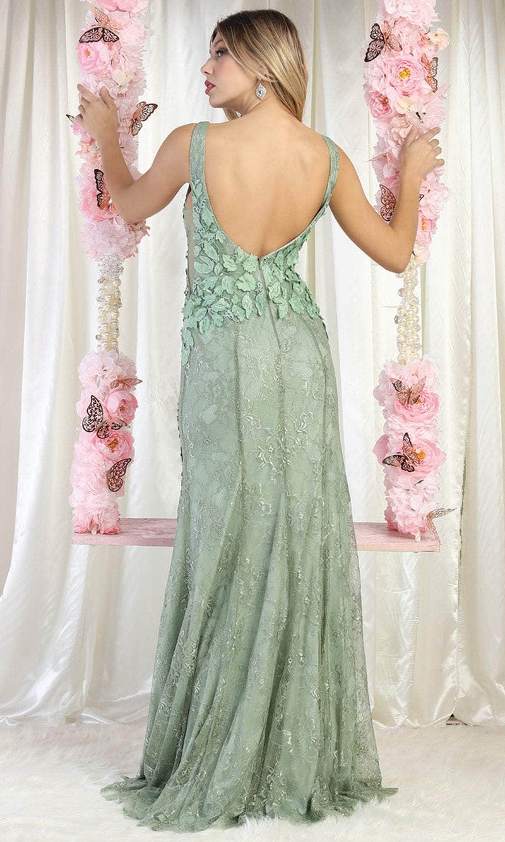 Sage V-Neck Floor-Length Lace Prom Dress Slit May Queen MQRQ7976