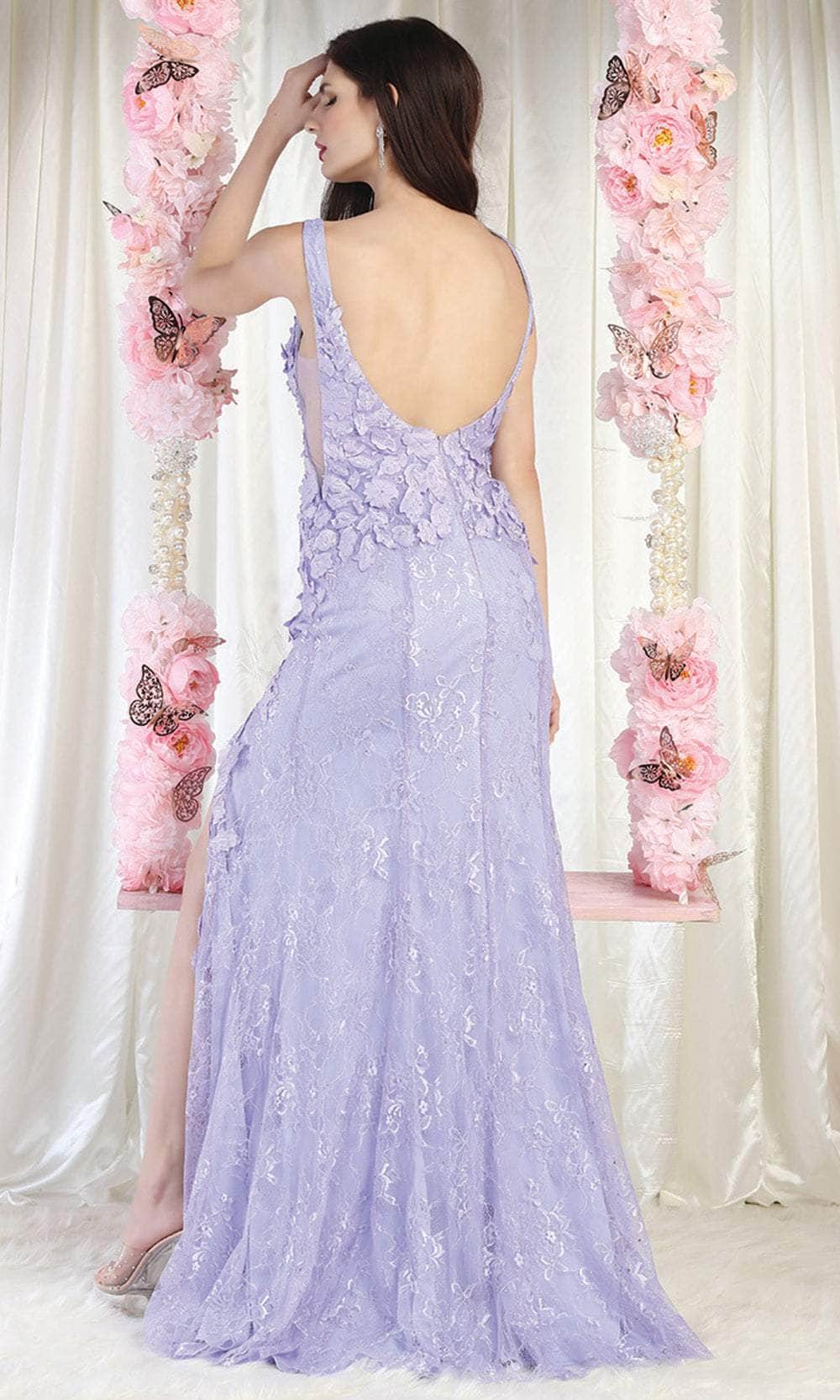 Lilac V-Neck Floor-Length Lace Prom Dress Slit May Queen MQRQ7976
