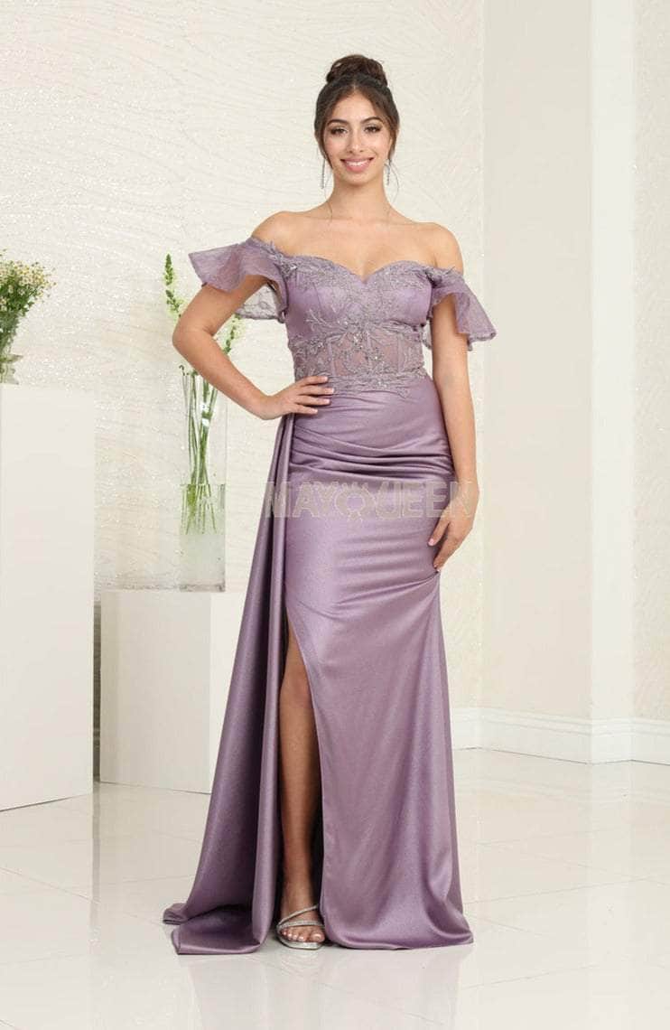 Off-the-Shoulder Floor-Length Satin Prom Sheath/Column May Queen RQ8028