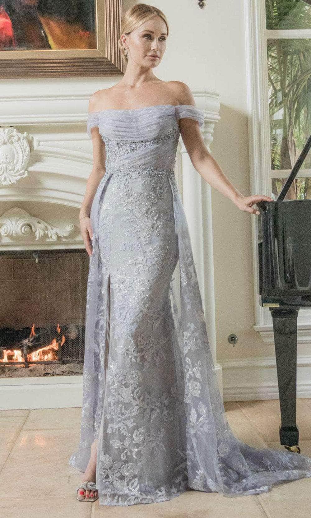 Silver Off-the-Shoulder Floor-Length Lace Prom Dress High Slit May Queen RQ8053