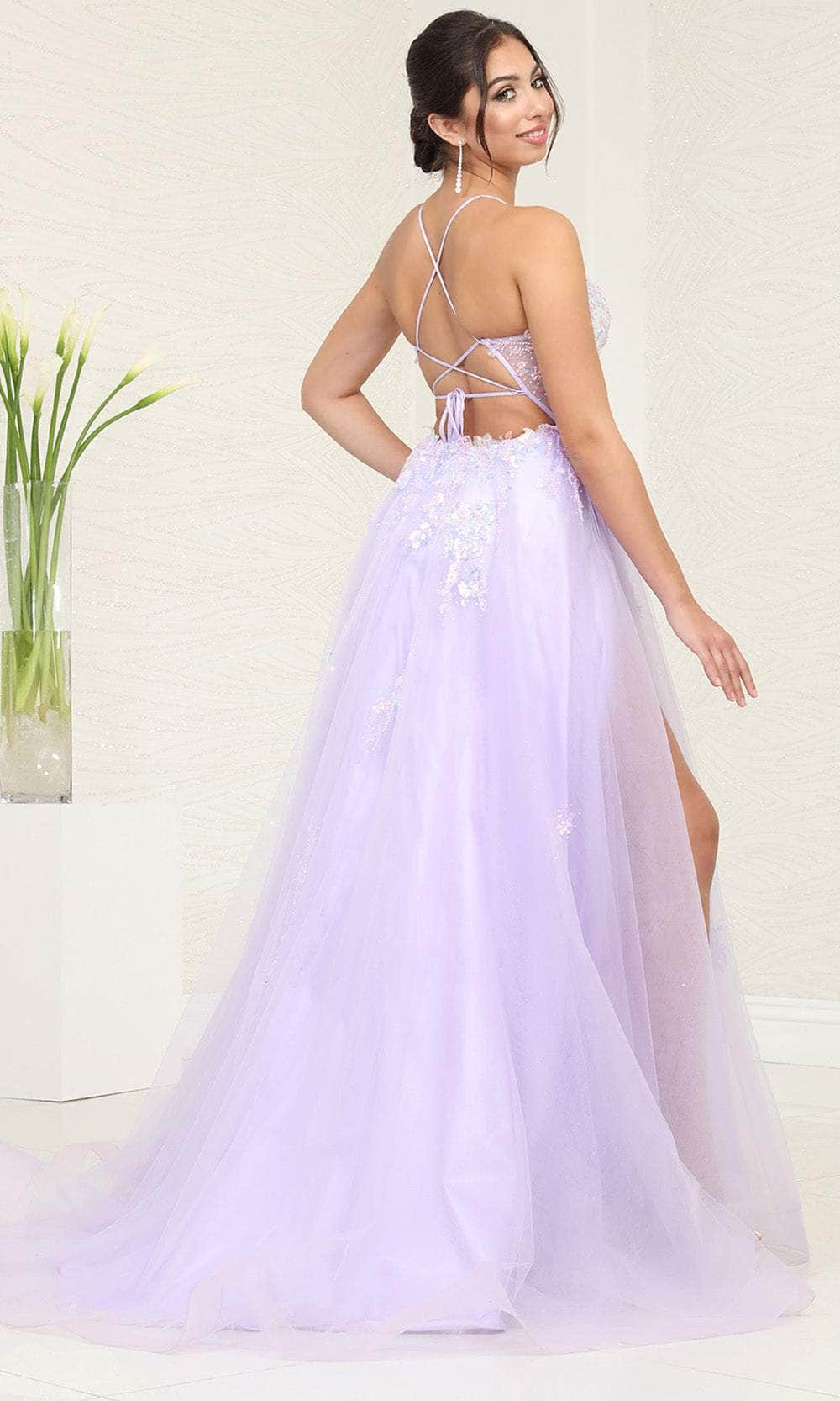 Lilac V-Neck Floor-Length Tulle Prom Dress High Slit May Queen RQ8136