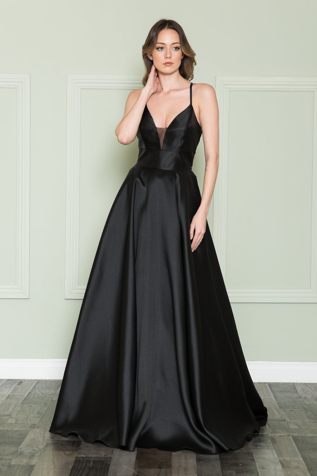 Black V-Neck Floor-Length Mikado Prom Gown with Lace Back Poly USA 8762
