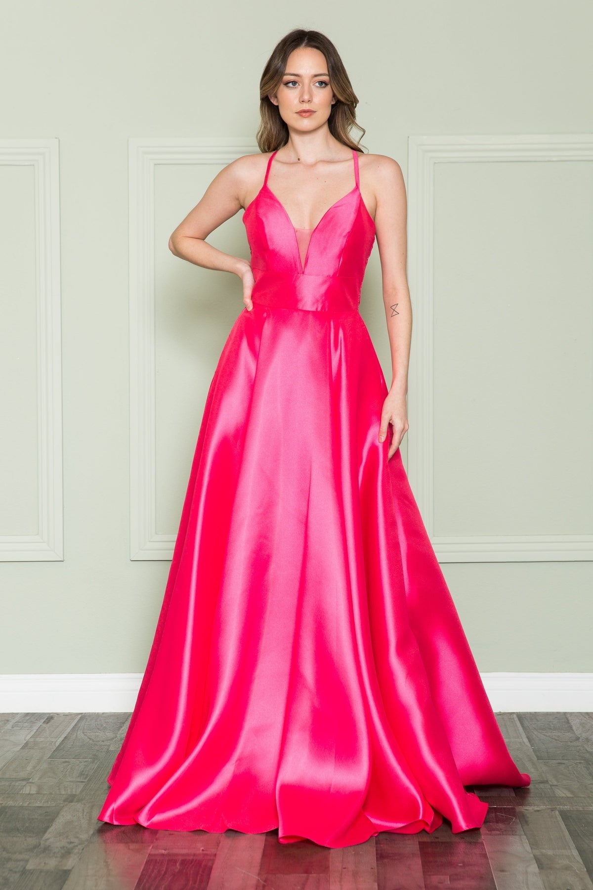 Hot Pink V-Neck Floor-Length Mikado Prom Gown with Lace Back Poly USA 8762