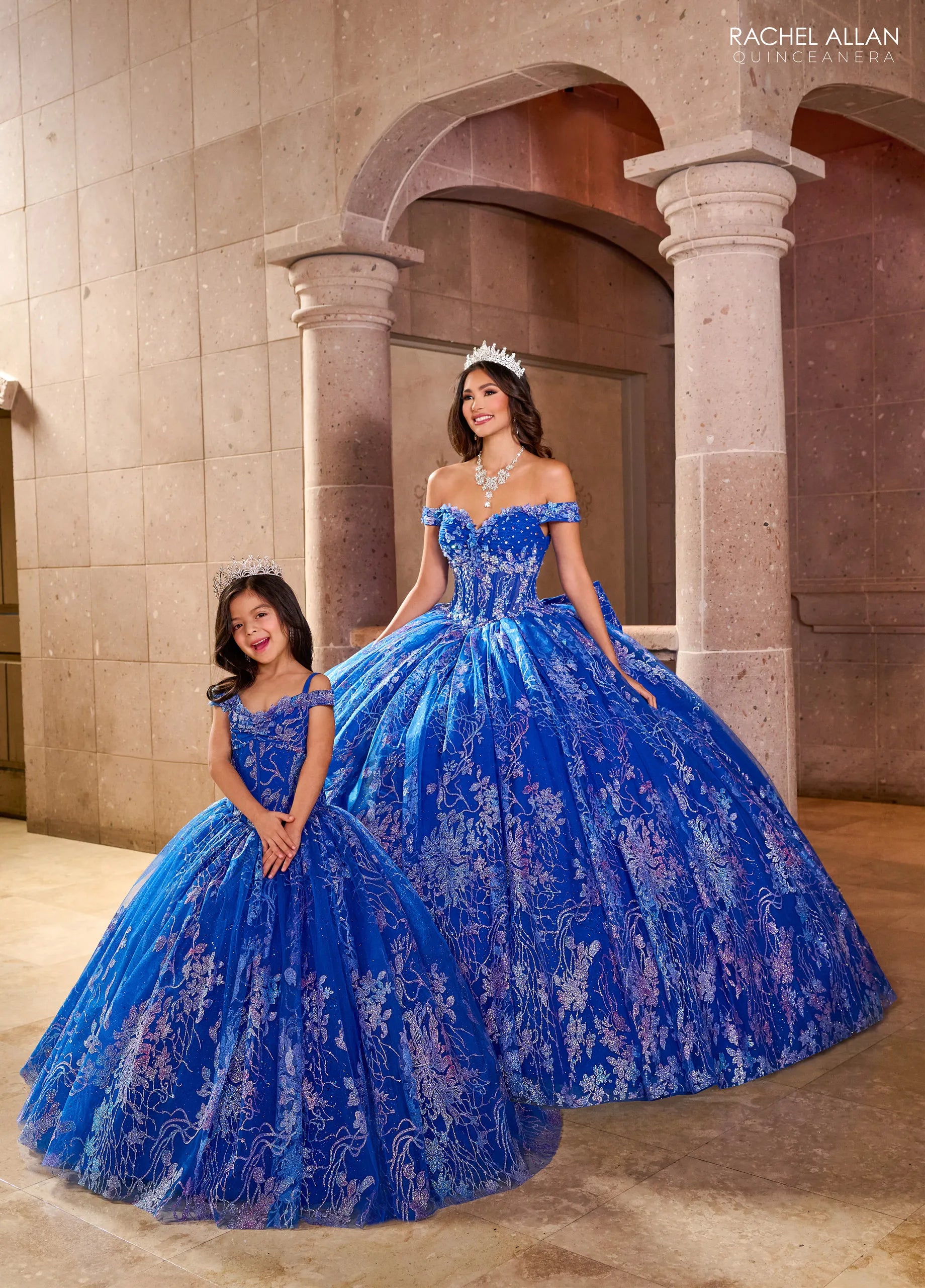 Royal Multi Off the Shoulder Floor Length Glitter Tulle Flower Girl Ball Gown with Floral Embroidery Rachel Allan RQ4046