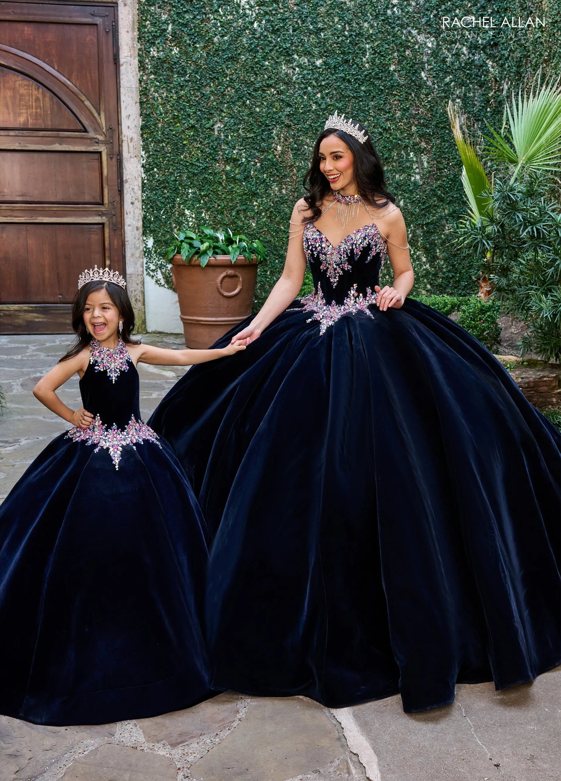 Navy Multi Crew High Neck Floor Length Velvet Flower Girl Ball Gown with Beaded Floral Embellishments Rachel Allan RQ4048