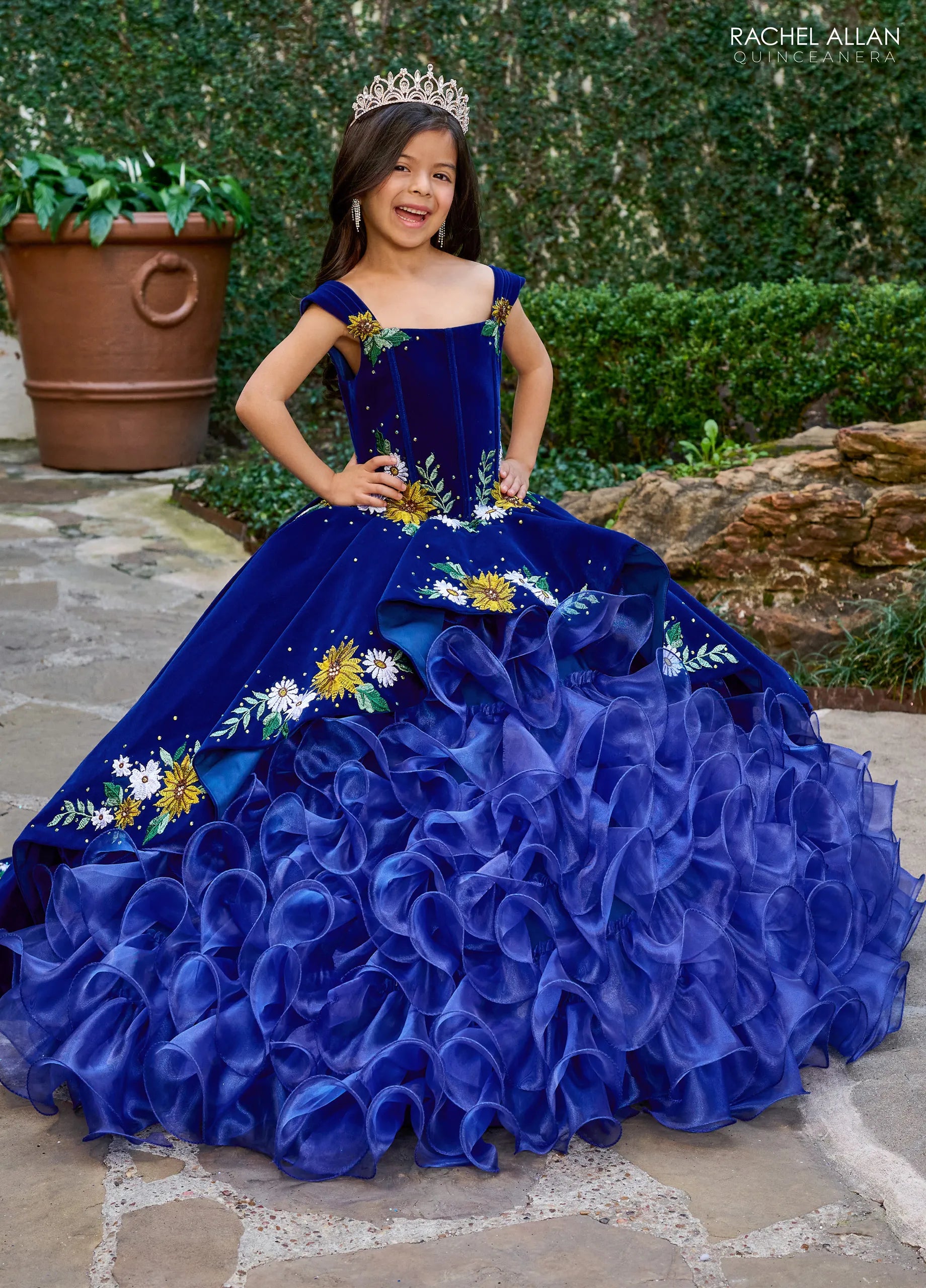 Royal Multi Off the Shoulder Floor Length Velvet Organza Flower Girl Ball Gown with Ruffle Skirt Rachel Allan RQ4049