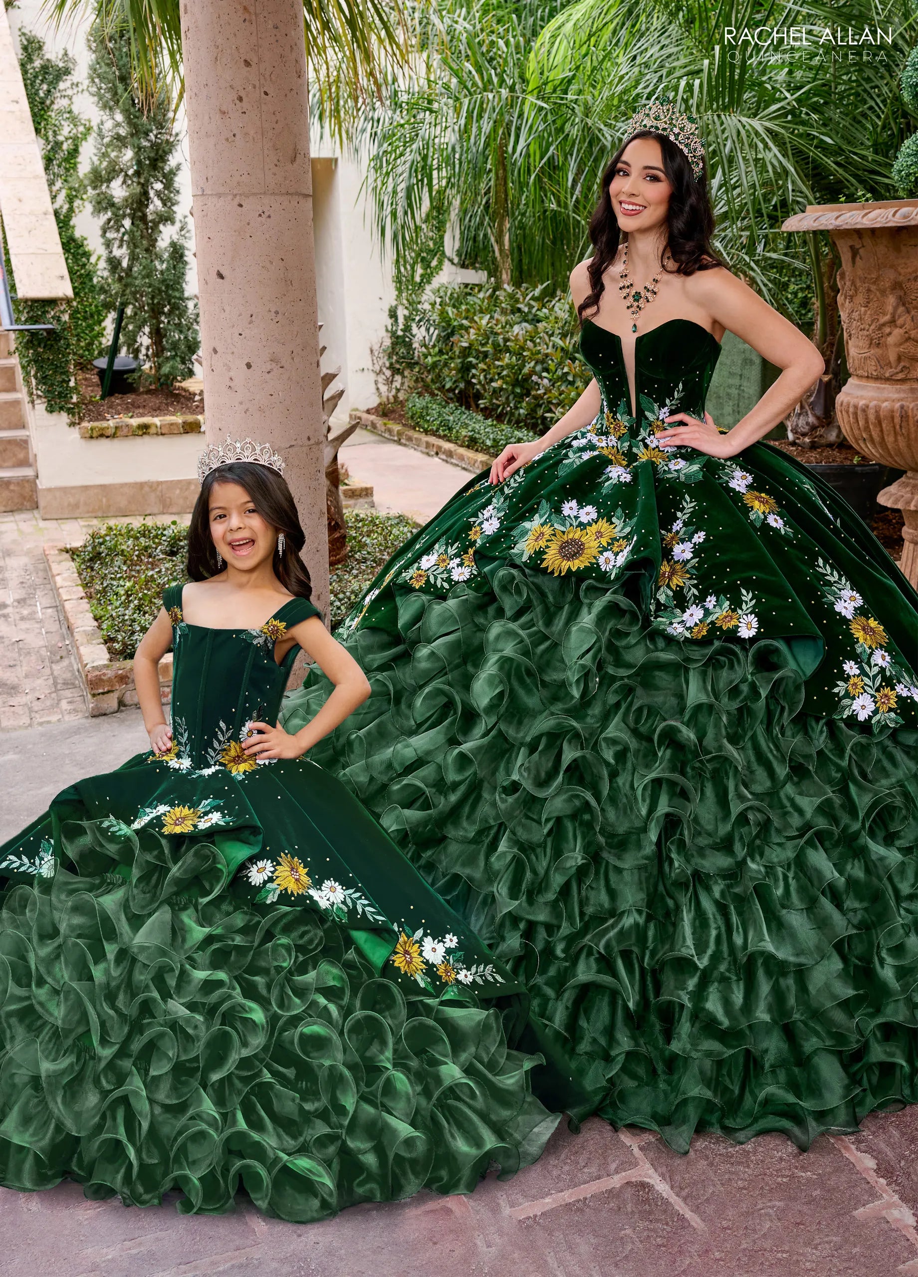Emerald Multi Off the Shoulder Floor Length Velvet Organza Flower Girl Ball Gown with Ruffle Skirt Rachel Allan RQ4049