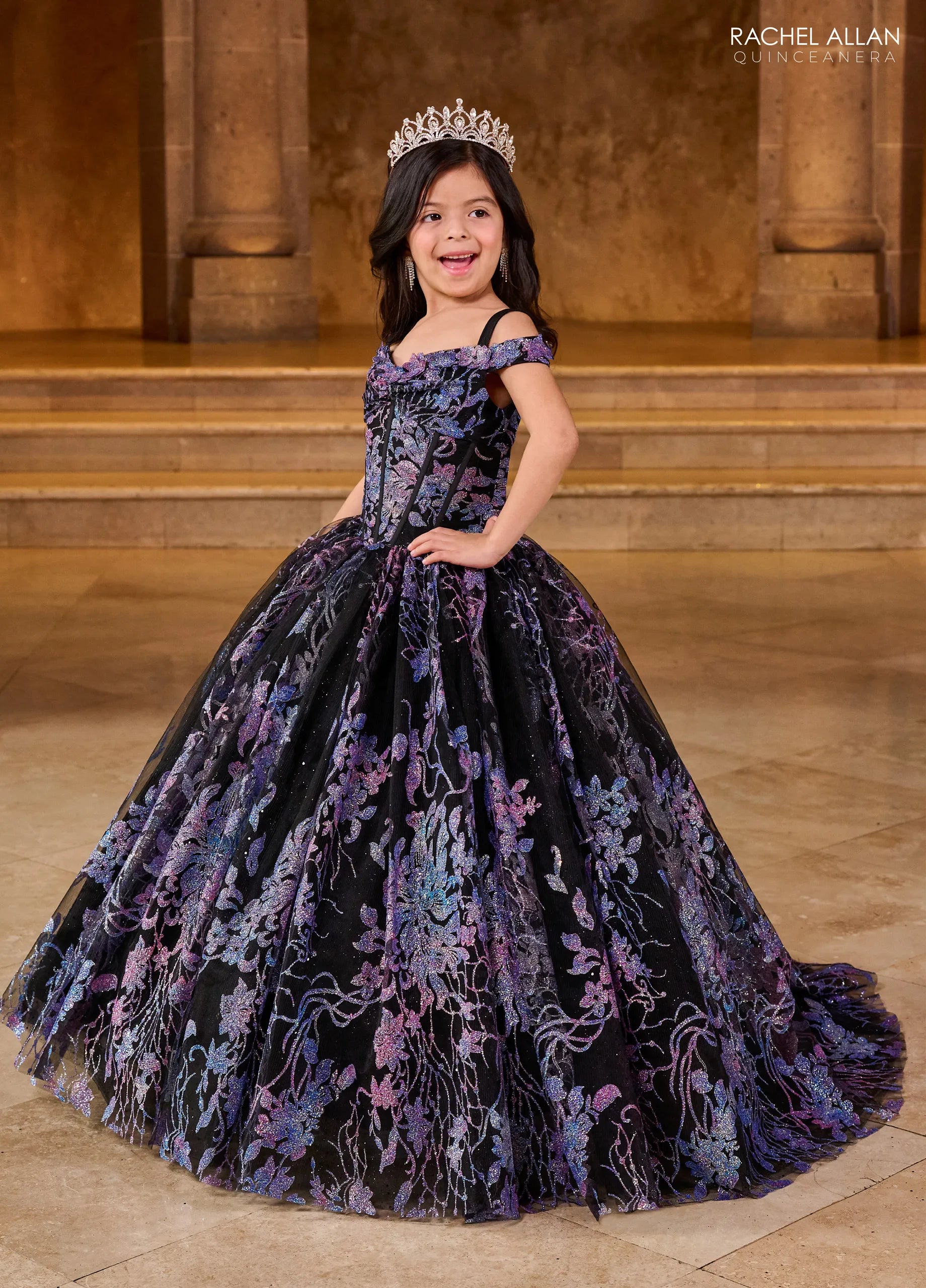 Black Multi Off the Shoulder Floor Length Glitter Tulle Flower Girl Ball Gown with Floral Embroidery Rachel Allan RQ4046