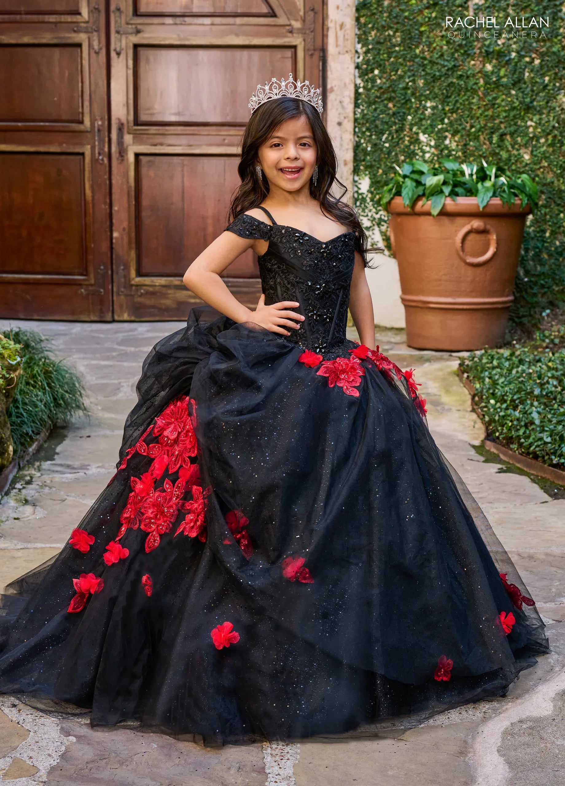 Black Red Off the Shoulder Floor Length Glitter Tulle Flower Girl Ball Gown with Floral Rachel Allan RQ4045
