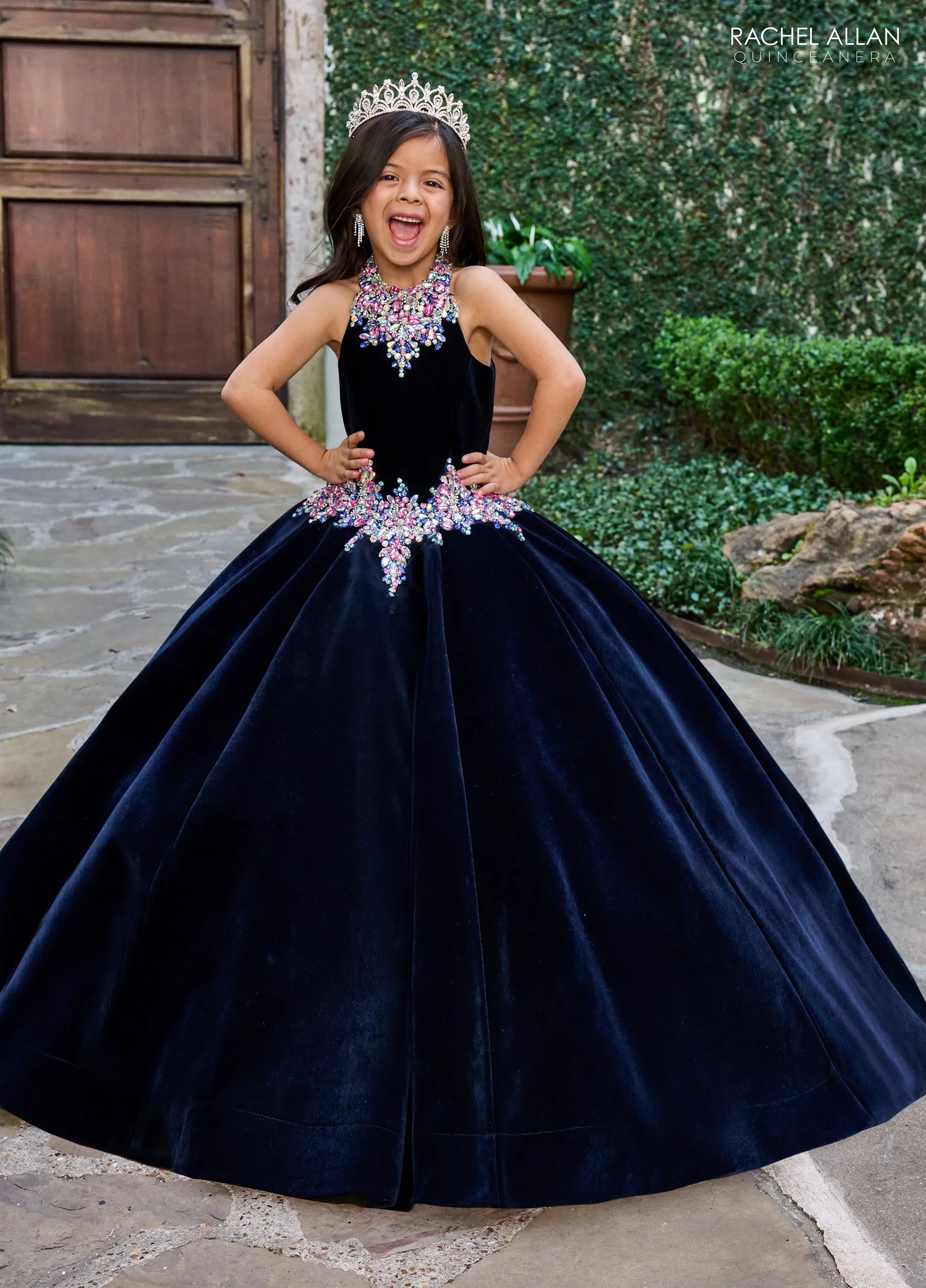 Navy Multi Crew High Neck Floor Length Velvet Flower Girl Ball Gown with Beaded Floral Embellishments Rachel Allan RQ4048