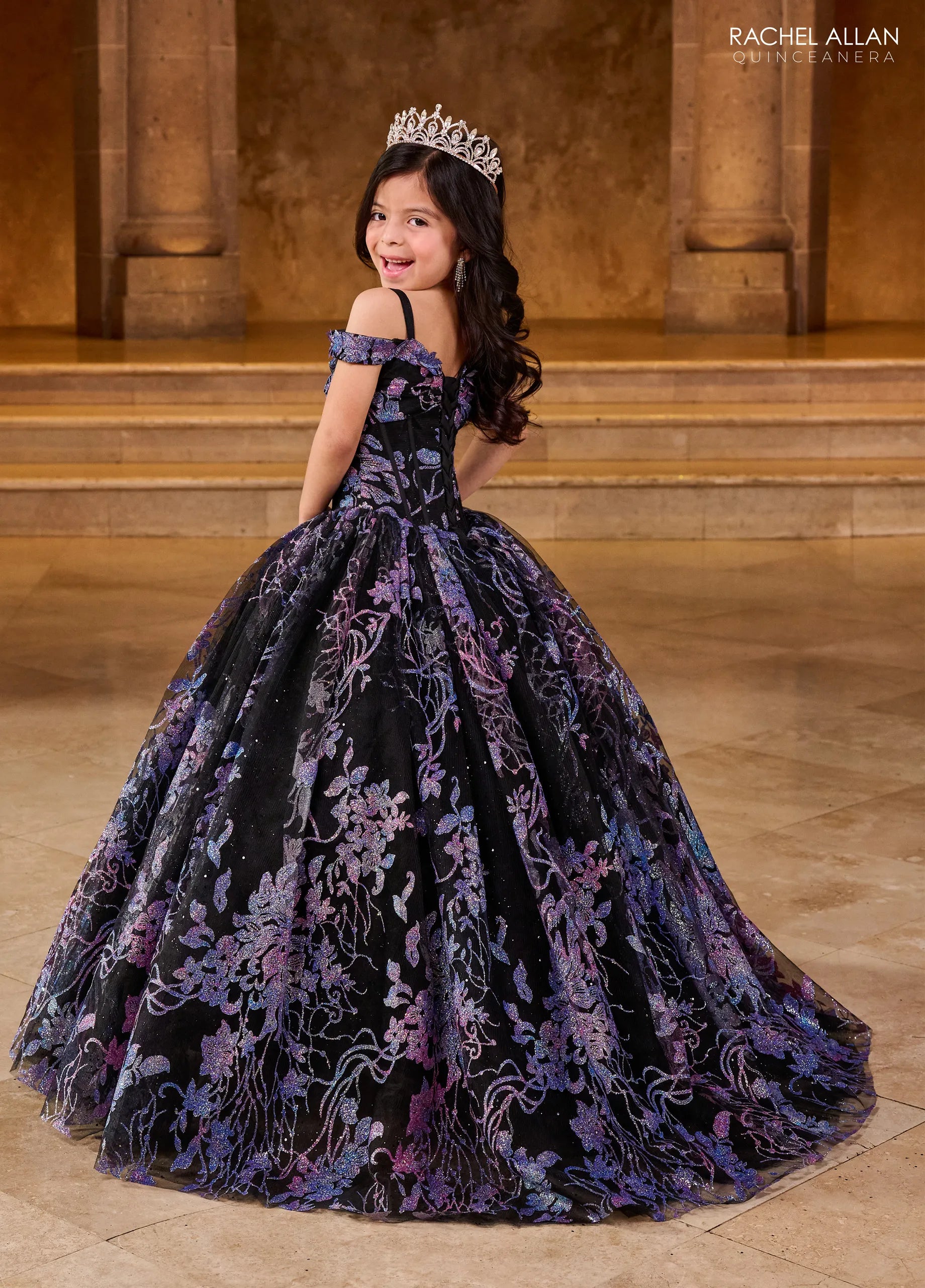 Black Multi Off the Shoulder Floor Length Glitter Tulle Flower Girl Ball Gown with Floral Embroidery Rachel Allan RQ4046