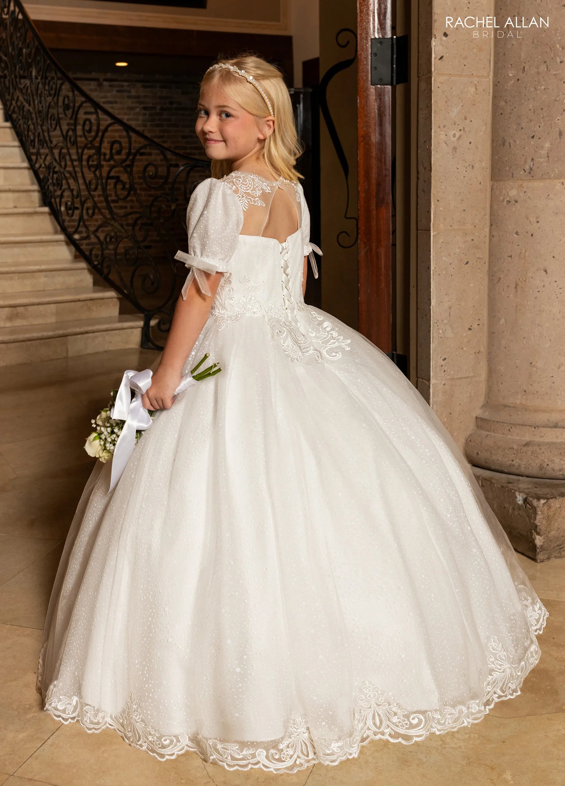 Ivory Nude Square Neck Floor-Length Glitter Tulle Flower Girl Dress with Lace Applique Rachel Allan RB9190