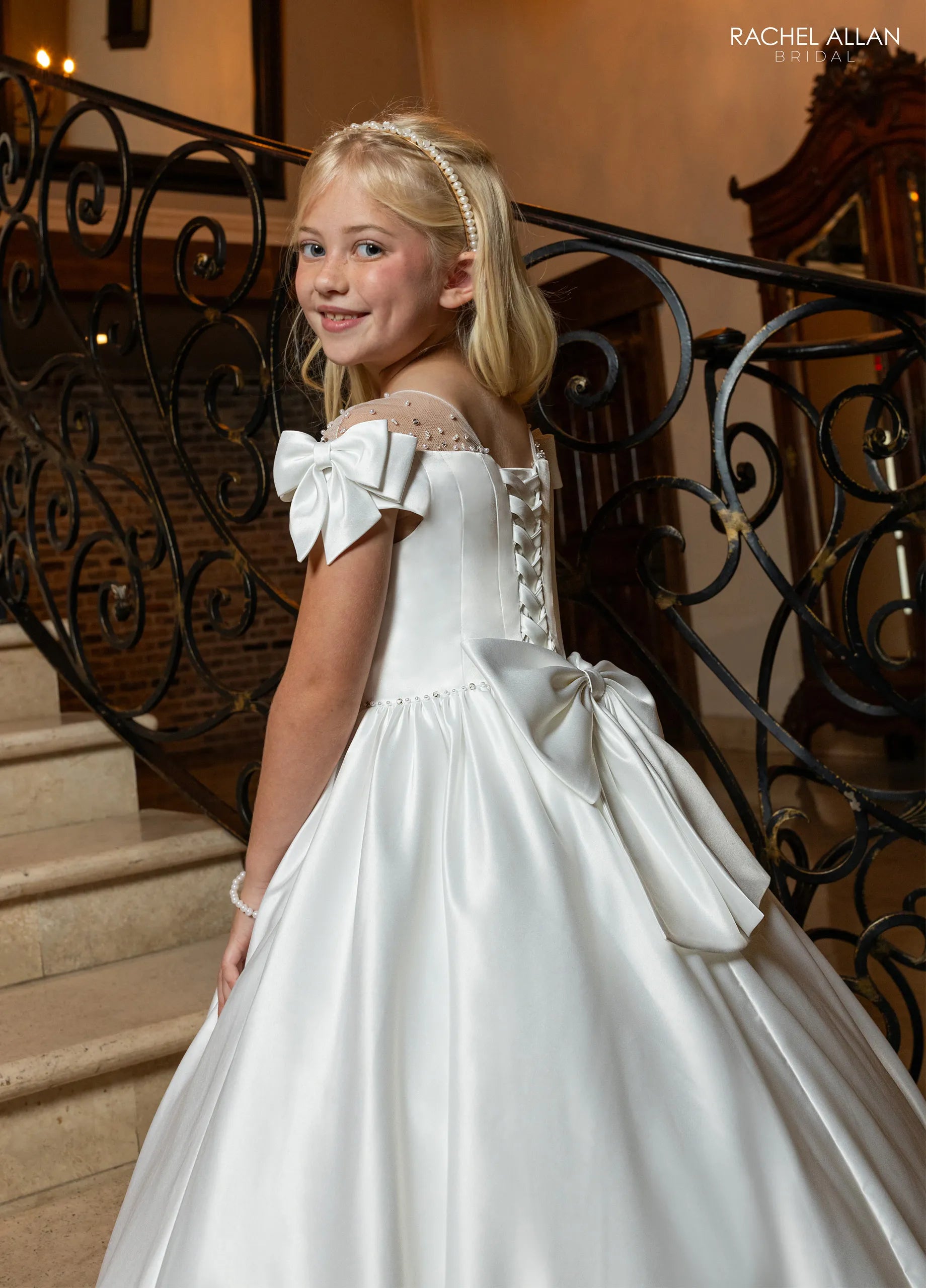 Ivory Nude Illusion Neck Floor-Length Satin Wedding Flower Girl Dress with Bow Sleeves Rachel Allan RB9191