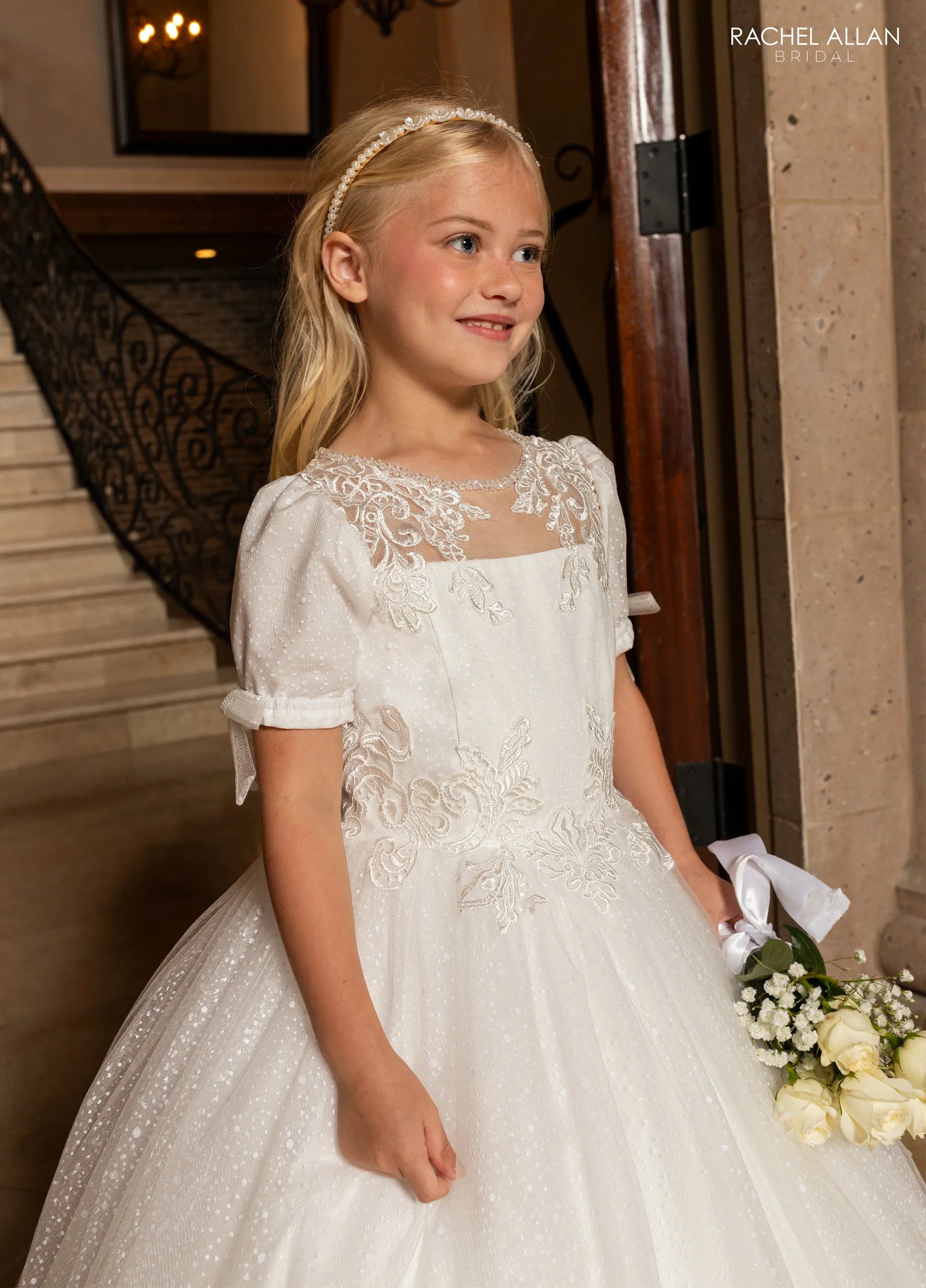 Ivory Nude Square Neck Floor-Length Glitter Tulle Flower Girl Dress with Lace Applique Rachel Allan RB9190
