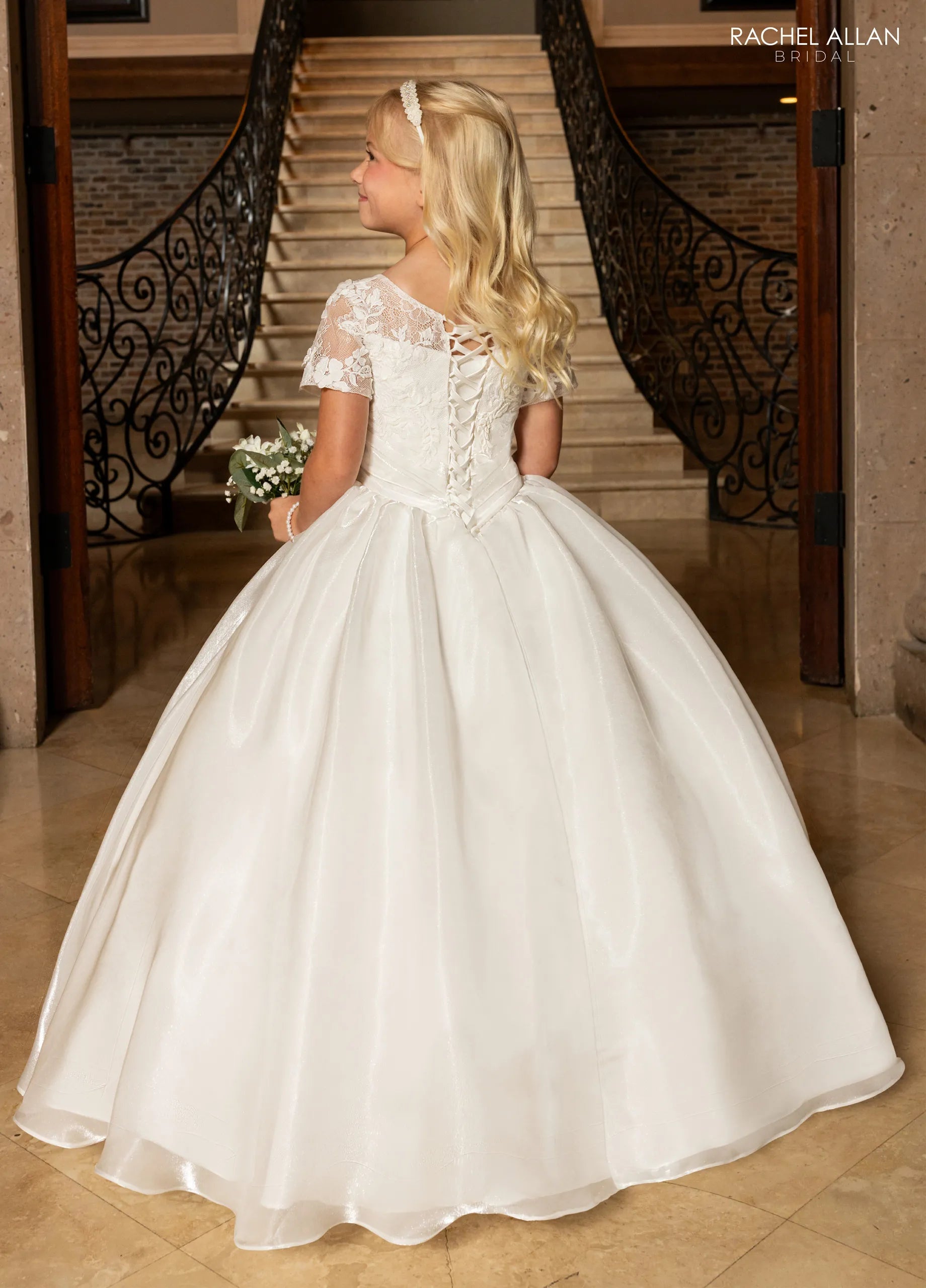 Ivory Nude Illusion Neck Floor-Length Crystal Organza Wedding Flower Girl Dress with Sheer Sleeves Rachel Allan RB9196
