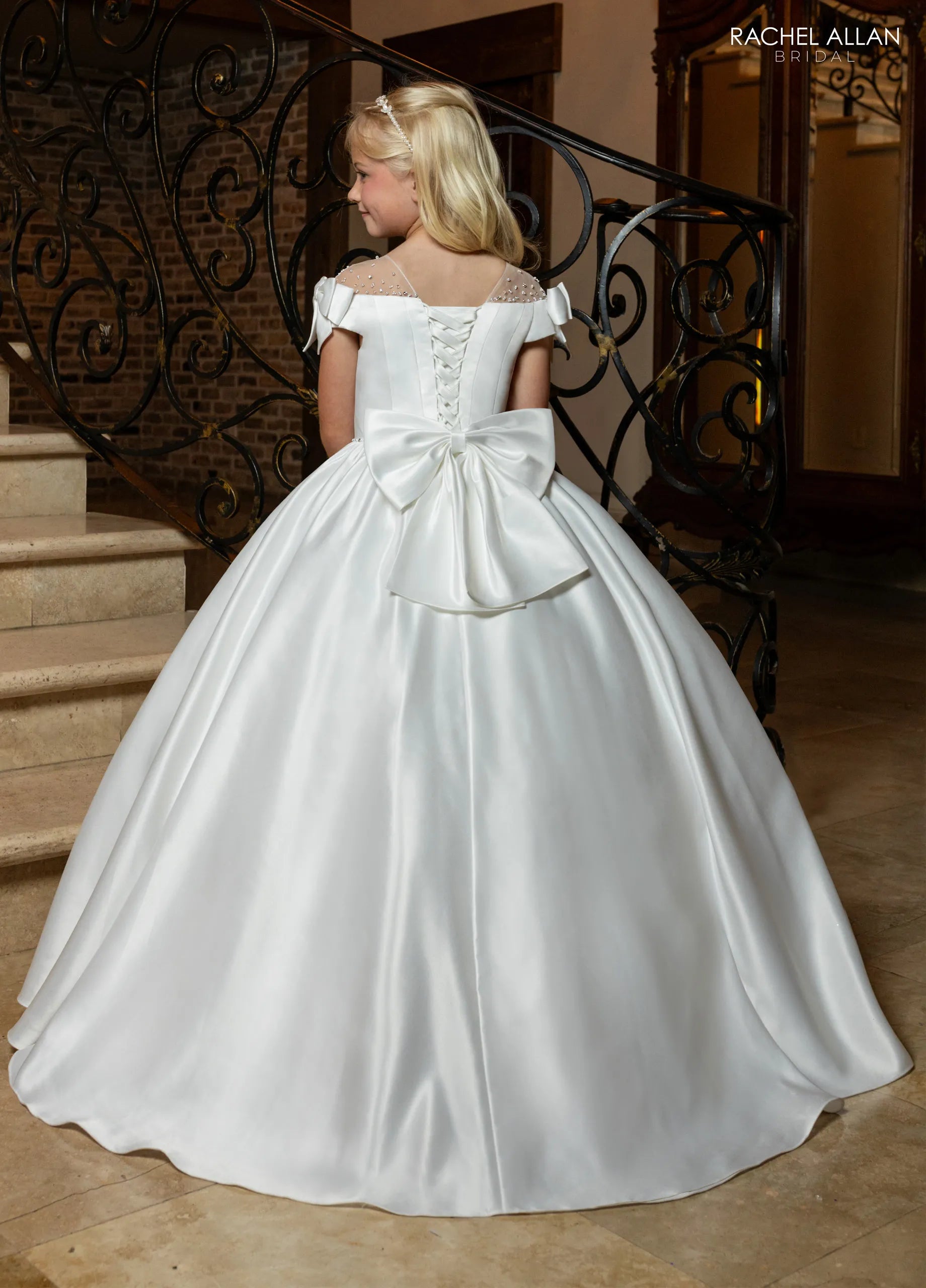 Ivory Nude Illusion Neck Floor-Length Satin Wedding Flower Girl Dress with Bow Sleeves Rachel Allan RB9191