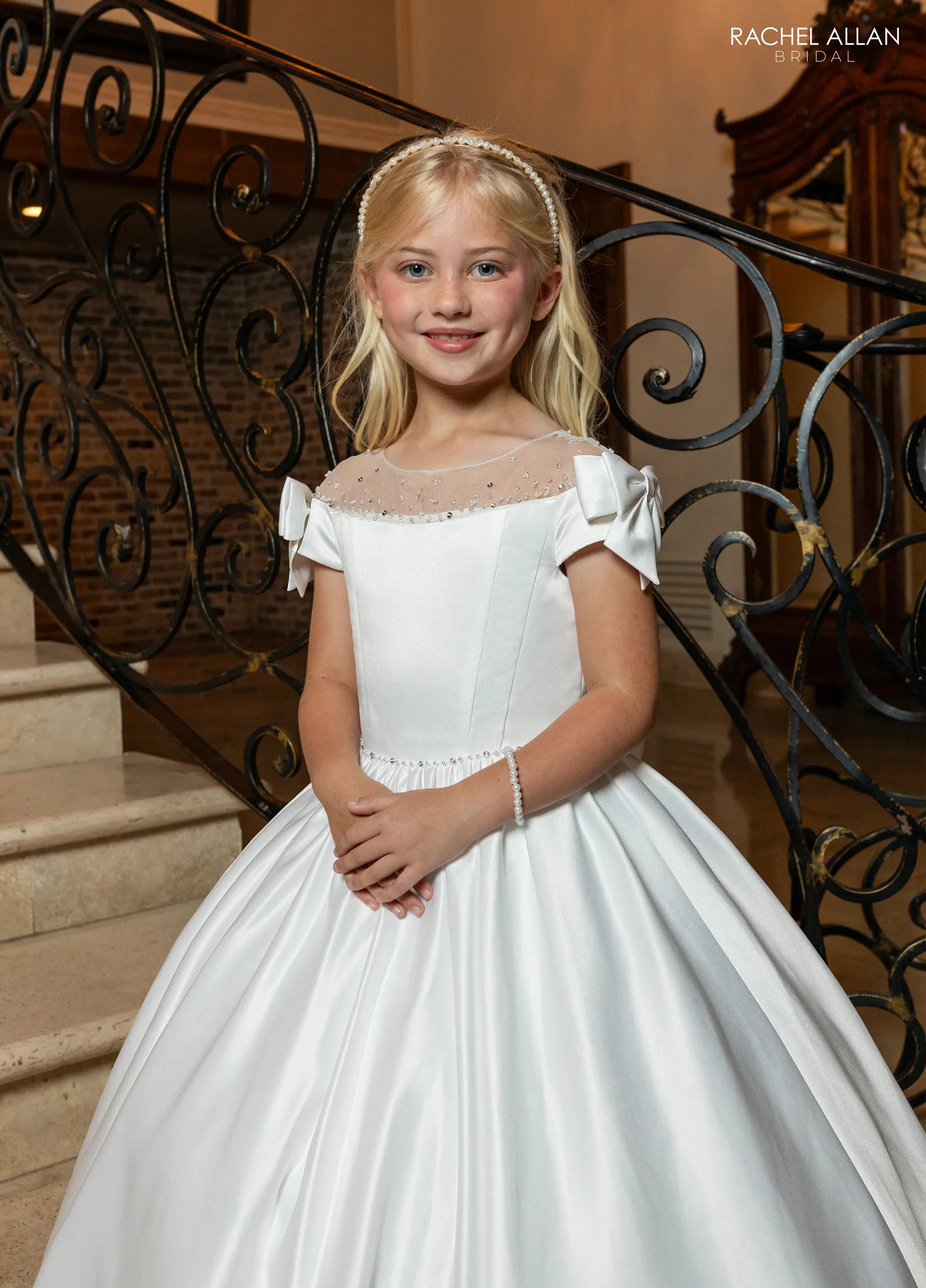 Ivory Nude Illusion Neck Floor-Length Satin Wedding Flower Girl Dress with Bow Sleeves Rachel Allan RB9191