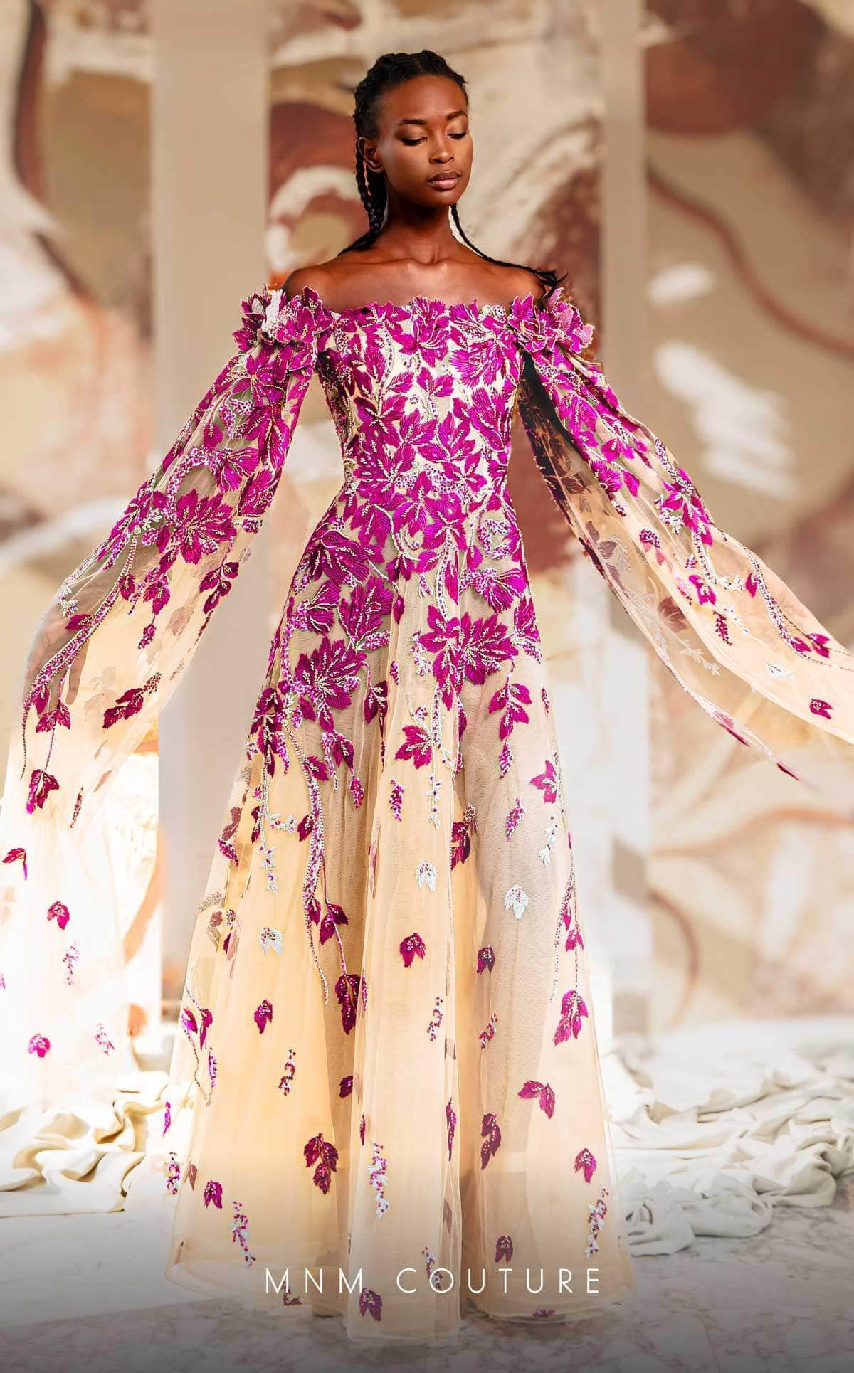 Off-the-Shoulder Floor-Length Tulle Evening A-Line MNM Couture K4164