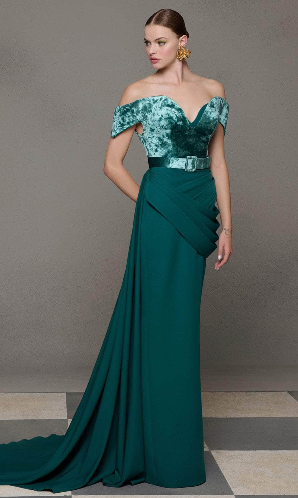 Off-the-Shoulder Floor-Length Velvet Formal Sheath MNM Couture N0628