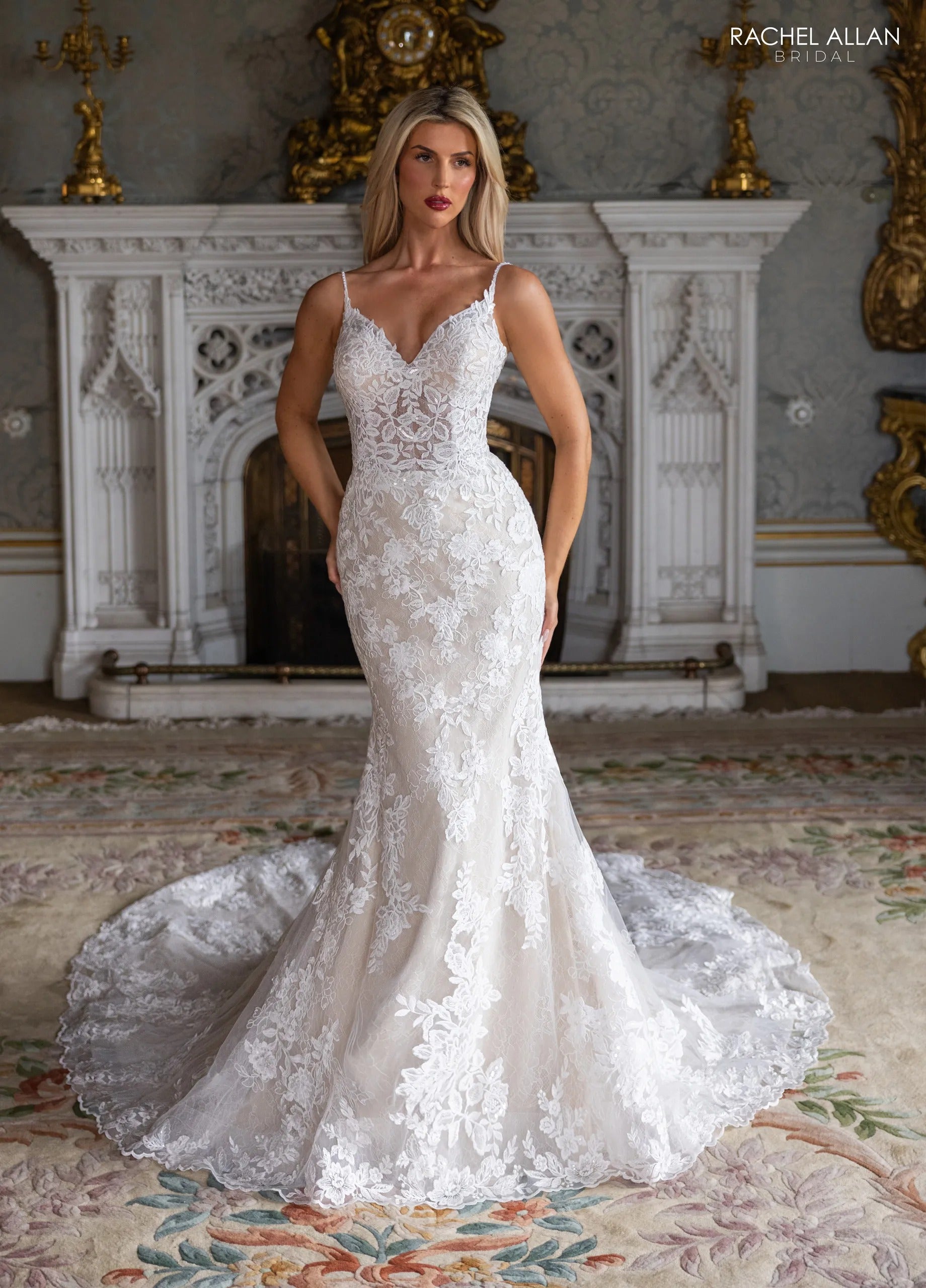 Ivory Champagne Nude Beaded Illusion Back Lace Mermaid Bridal Gown with Detachable Satin Bow Rachel Allan RB2236