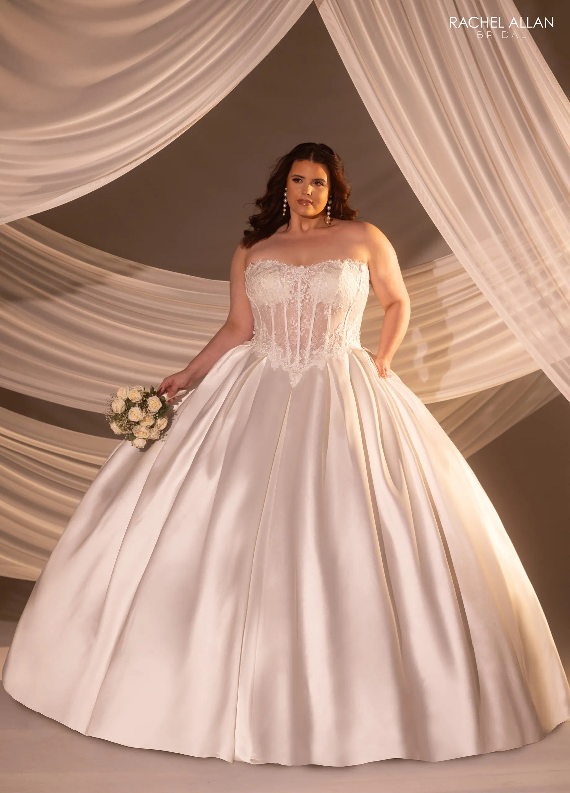 Ivory Sweetheart Floor-Length Mikado Wedding Ball Gown with Detachable Train Rachel Allan RB2215