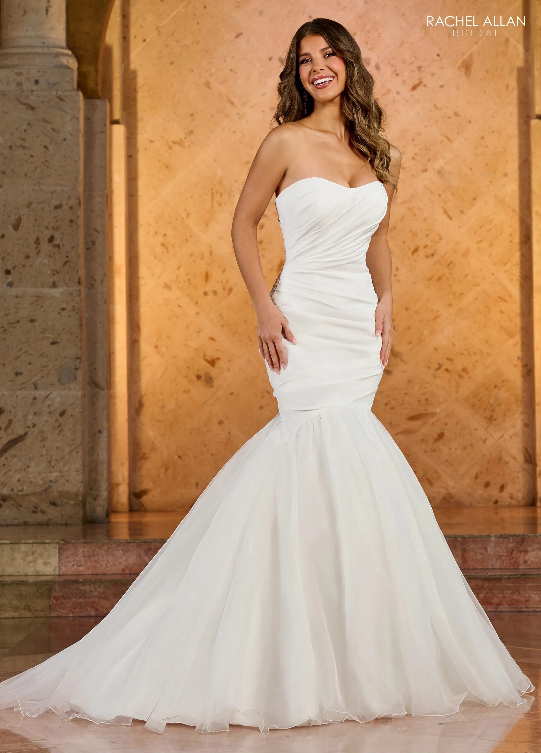 Ivory Strapless Mermaid Stretch Crepe and Tulle Bridal Gown with Sweep Train Rachel Allan RB2175