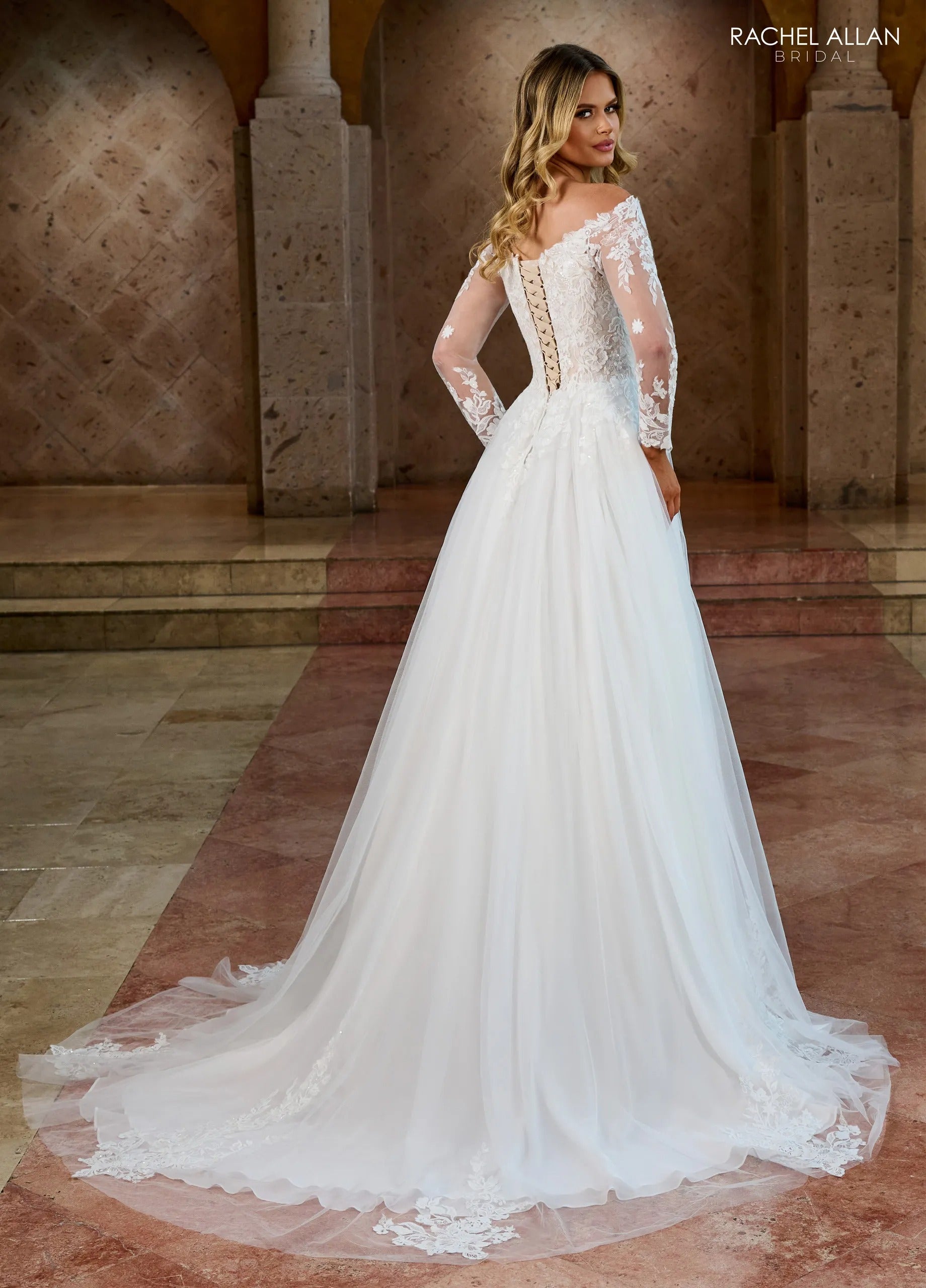 Ivory Nude V-Neck Floor-Length Tulle and Lace Wedding Dress with Long Sleeves Rachel Allan RB2186