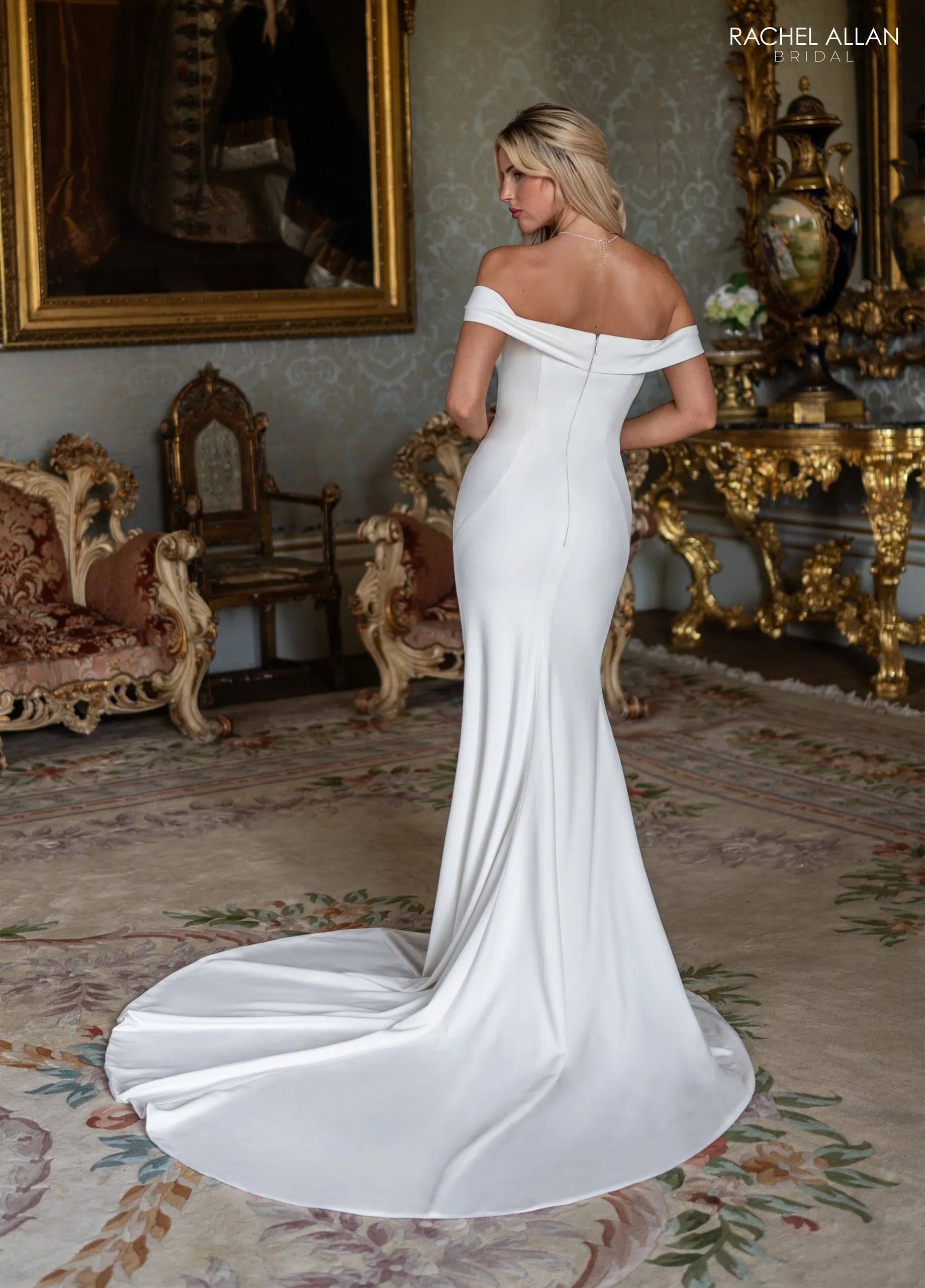 Ivory Off-the-Shoulder Floor-Length Satin Bridal Gown with Detachable Tulle Overskirt Rachel Allan RB2238