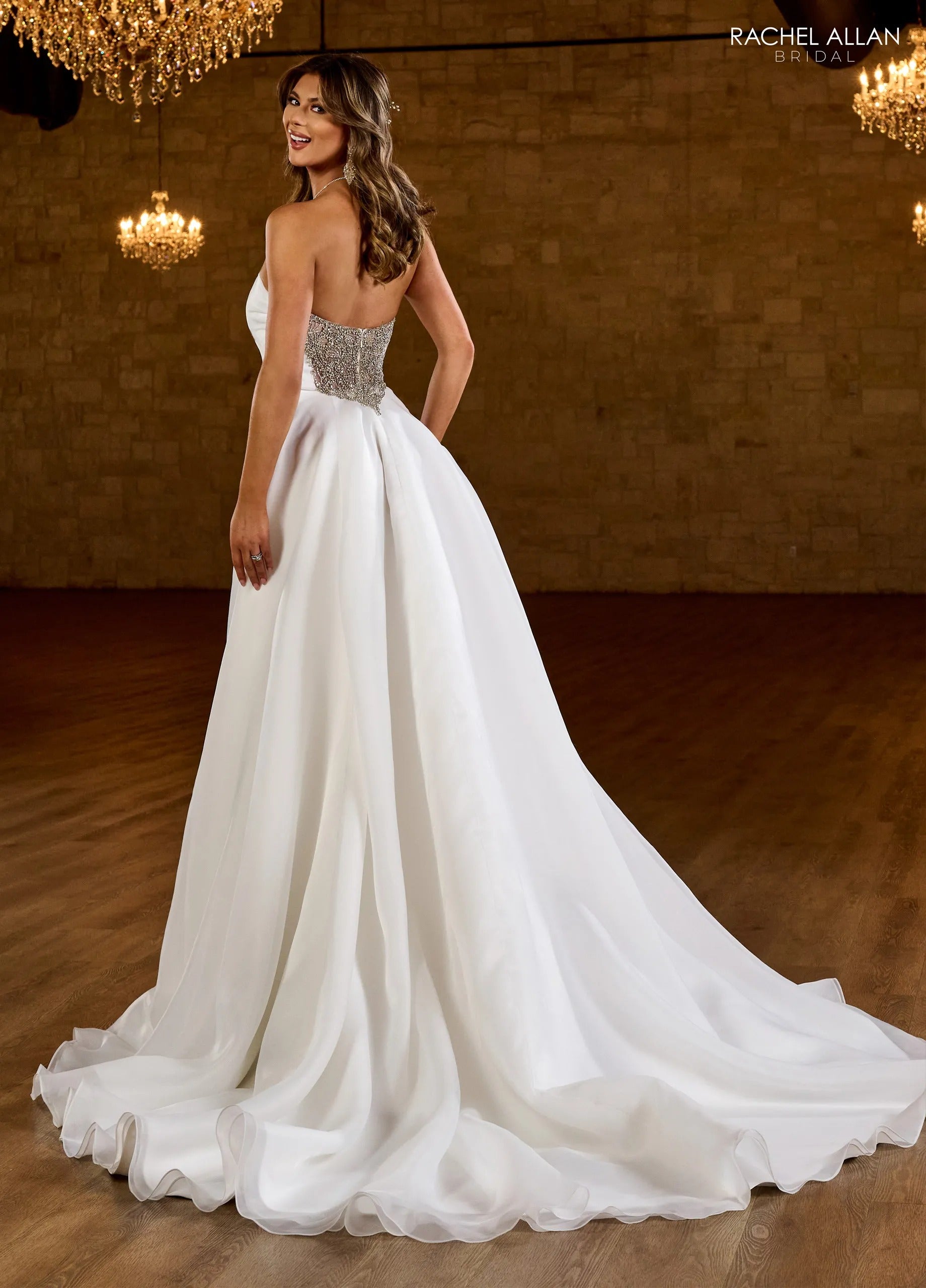 Ivory Nude Straight-Neck Floor-Length Organza Wedding Dress with High Slit Bridal Gown Rachel Allan RB2190