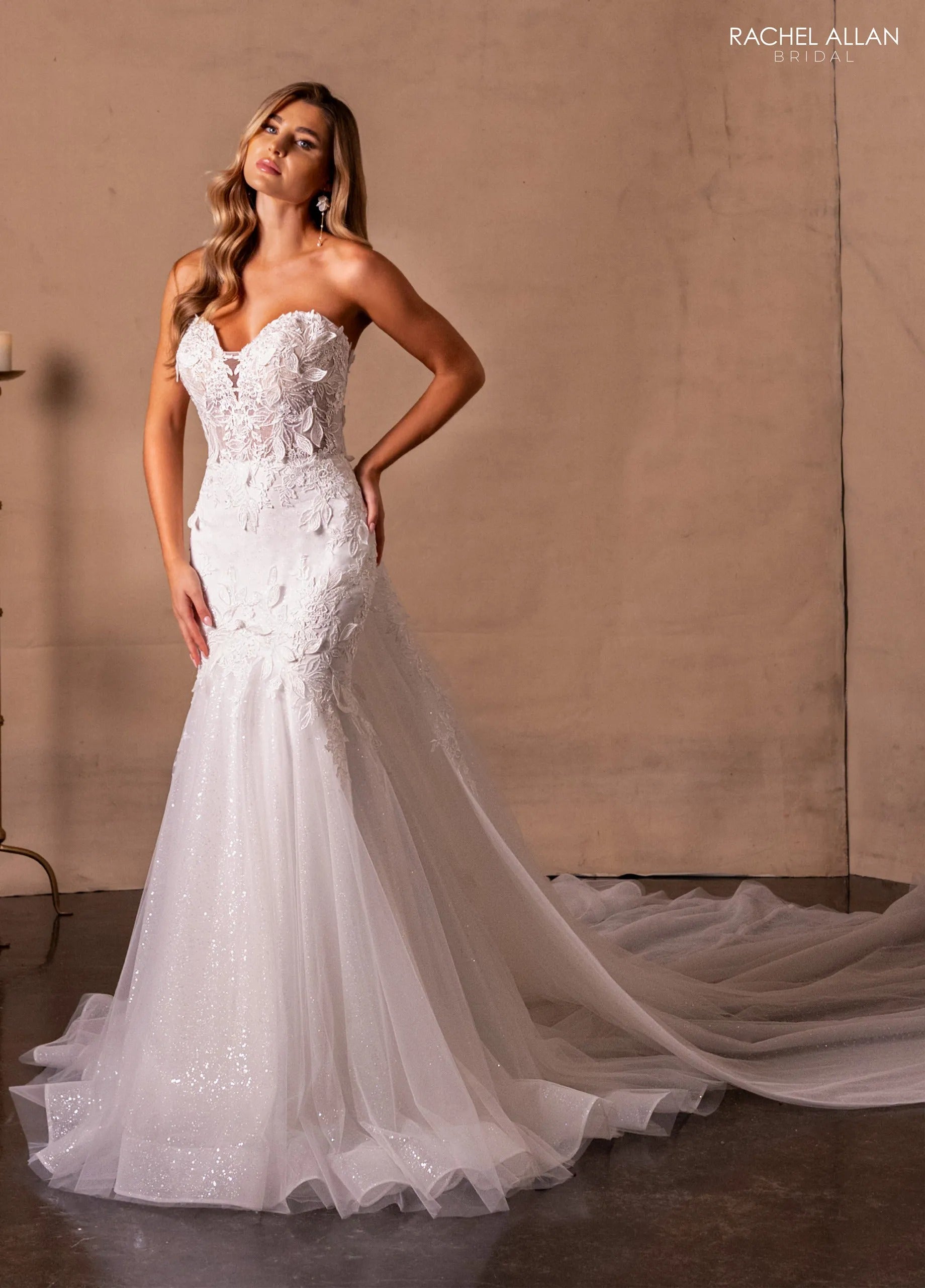 Ivory Nude Sweetheart Floor-Length Glitter Tulle Wedding Fit-and-Flare Gown Rachel Allan RB2216