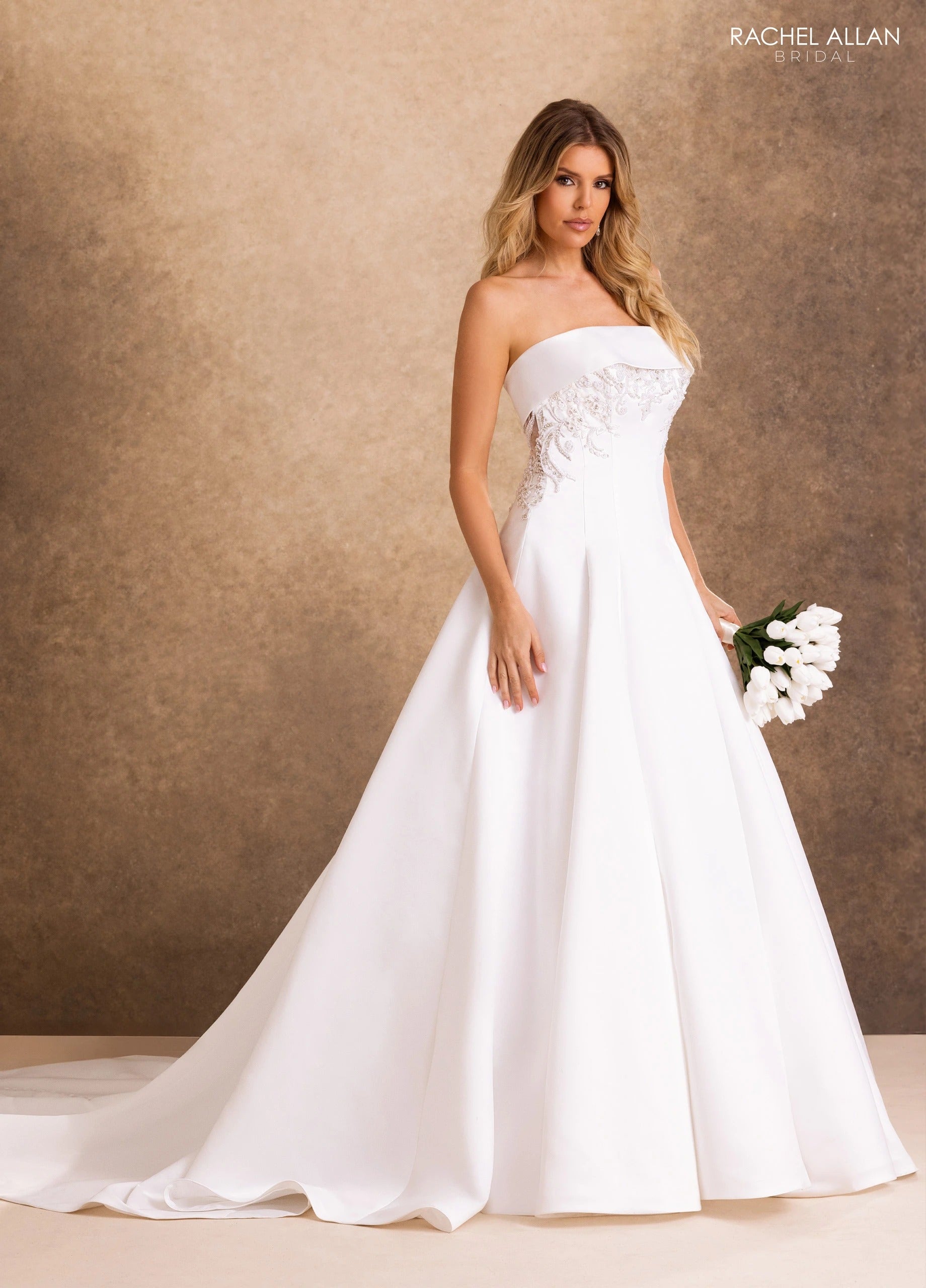 Strapless Straight Neck Floor-Length Satin Wedding Dress A-Line Rachel Allan RB2250