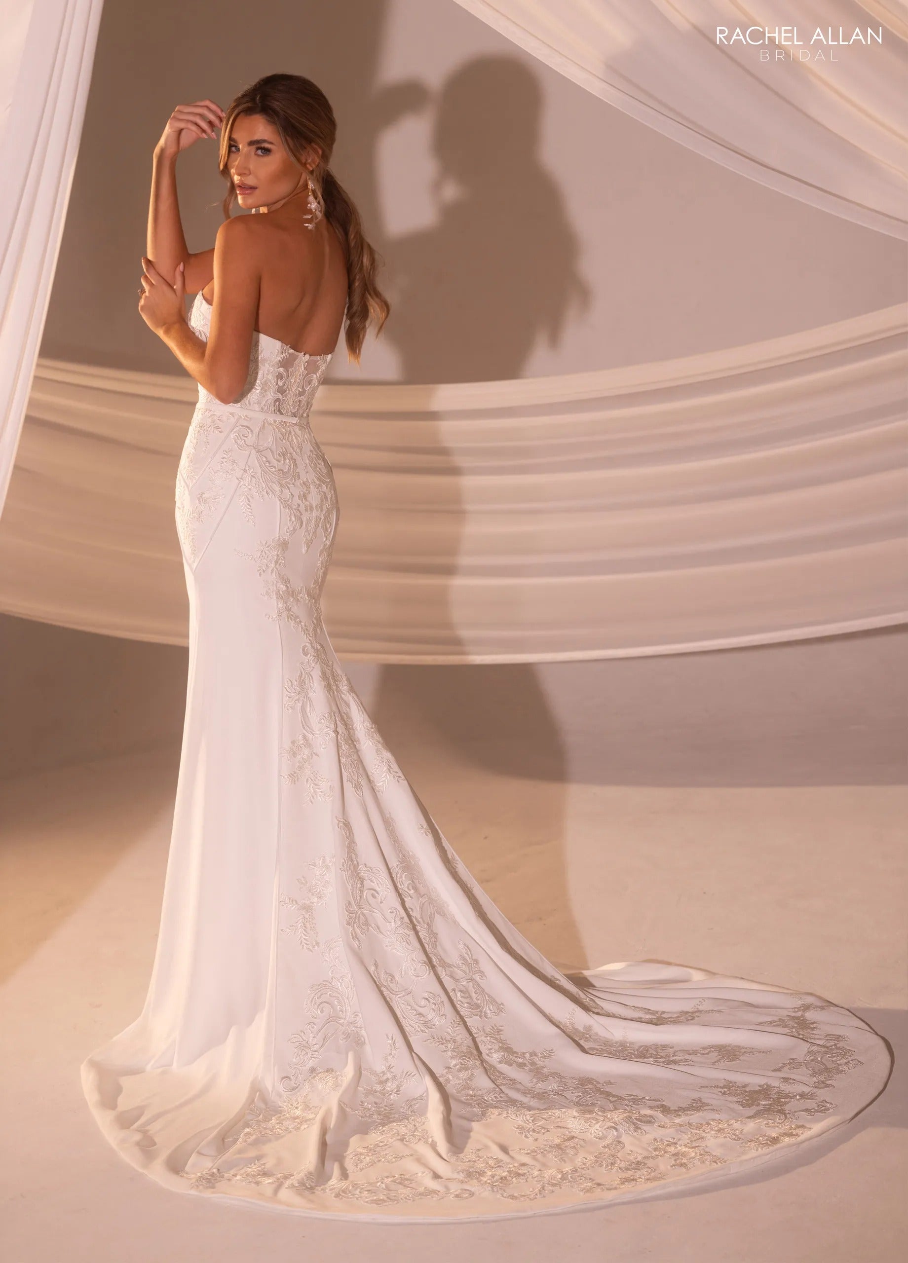 Ivory Nude Sweetheart Floor-Length Crepe Mermaid Bridal Gown with Lace Appliqués Rachel Allan RB2221 Rachel Allan RB2221
