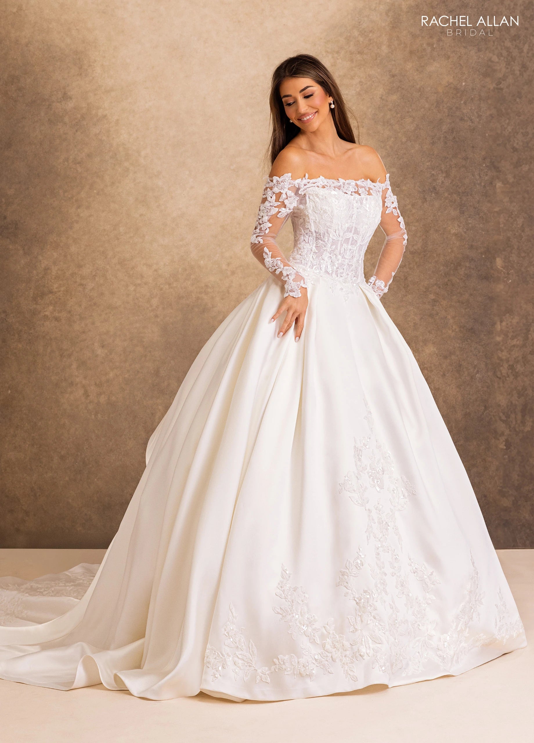 Off-the-Shoulder Floor-Length Lace Wedding Dress Ball Gown Rachel Allan RB2256