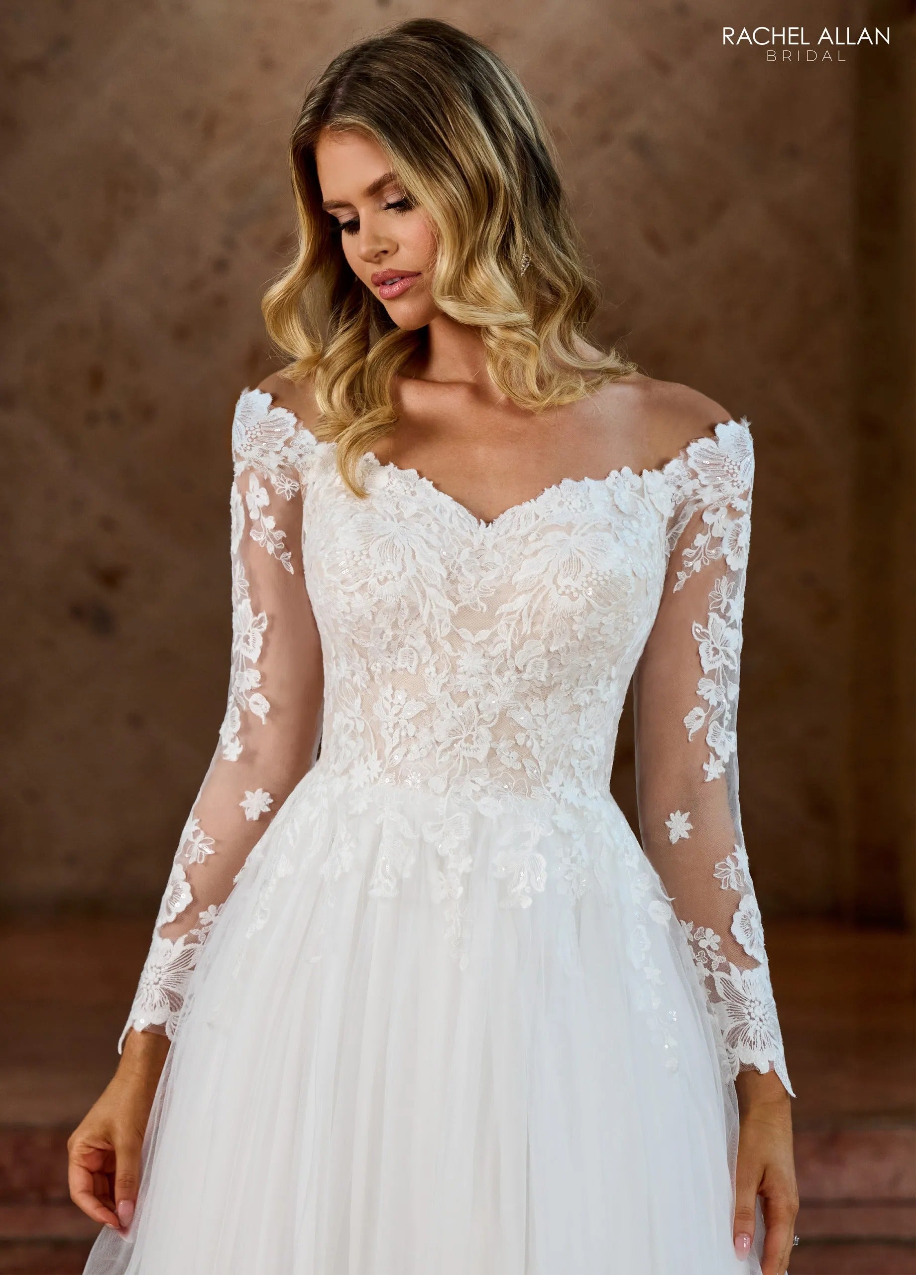Ivory Nude V-Neck Floor-Length Tulle and Lace Wedding Dress with Long Sleeves Rachel Allan RB2186