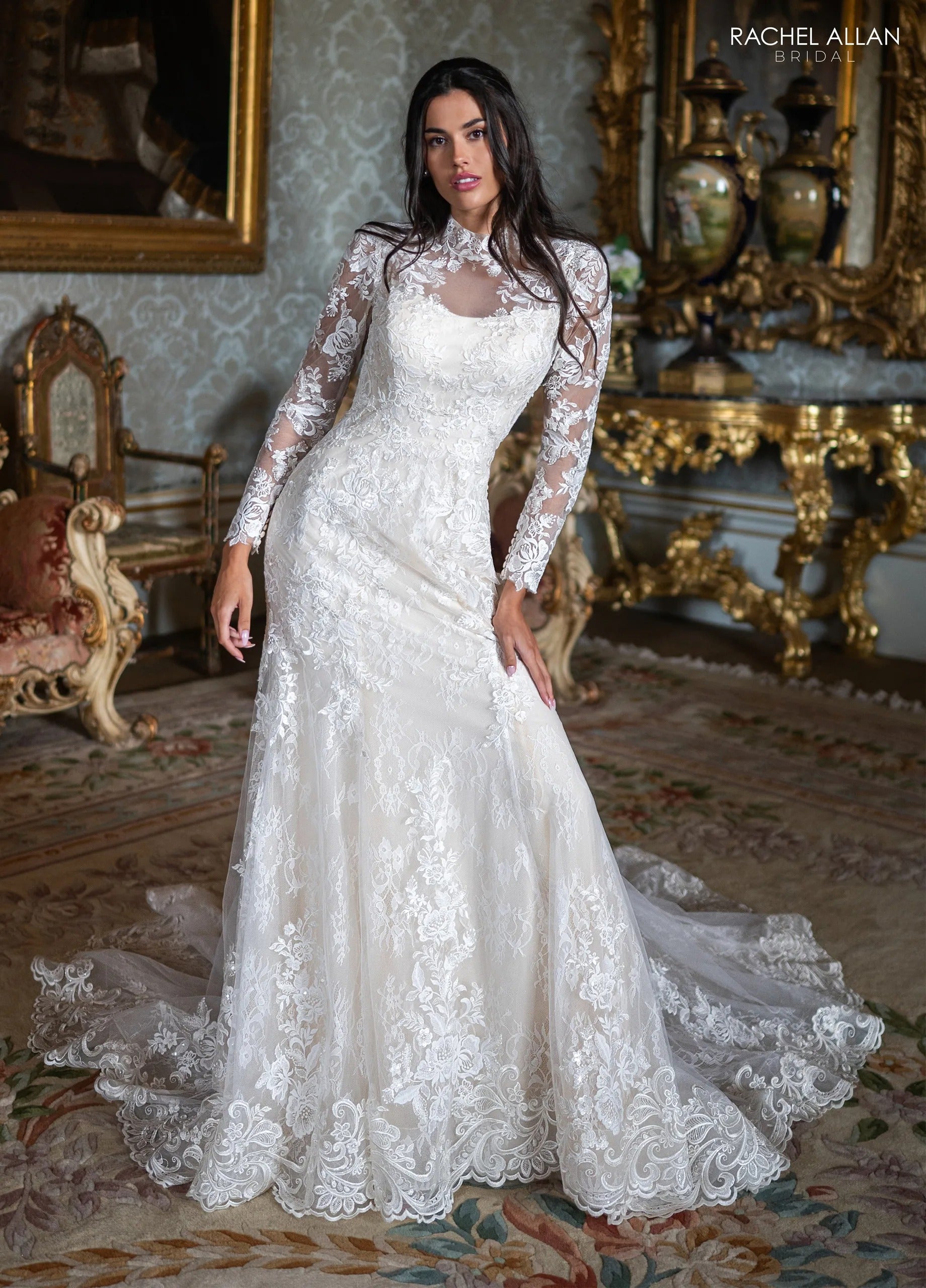 Ivory Champagne High-Neck Long-Sleeve Lace Mermaid Bridal Gown with Open Back Rachel Allan RB2234