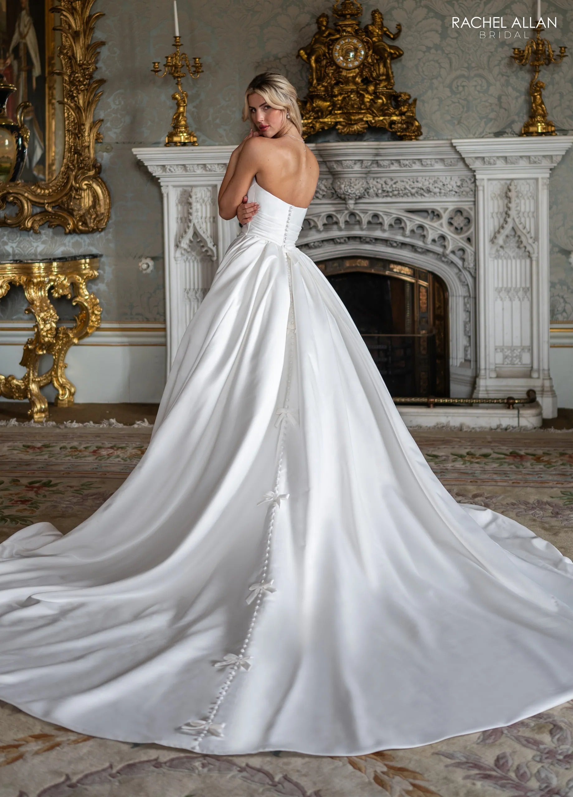 Ivory Sweetheart Floor-Length Matte Satin Ball Gown with Bow Train Detail Rachel Allan RB2230