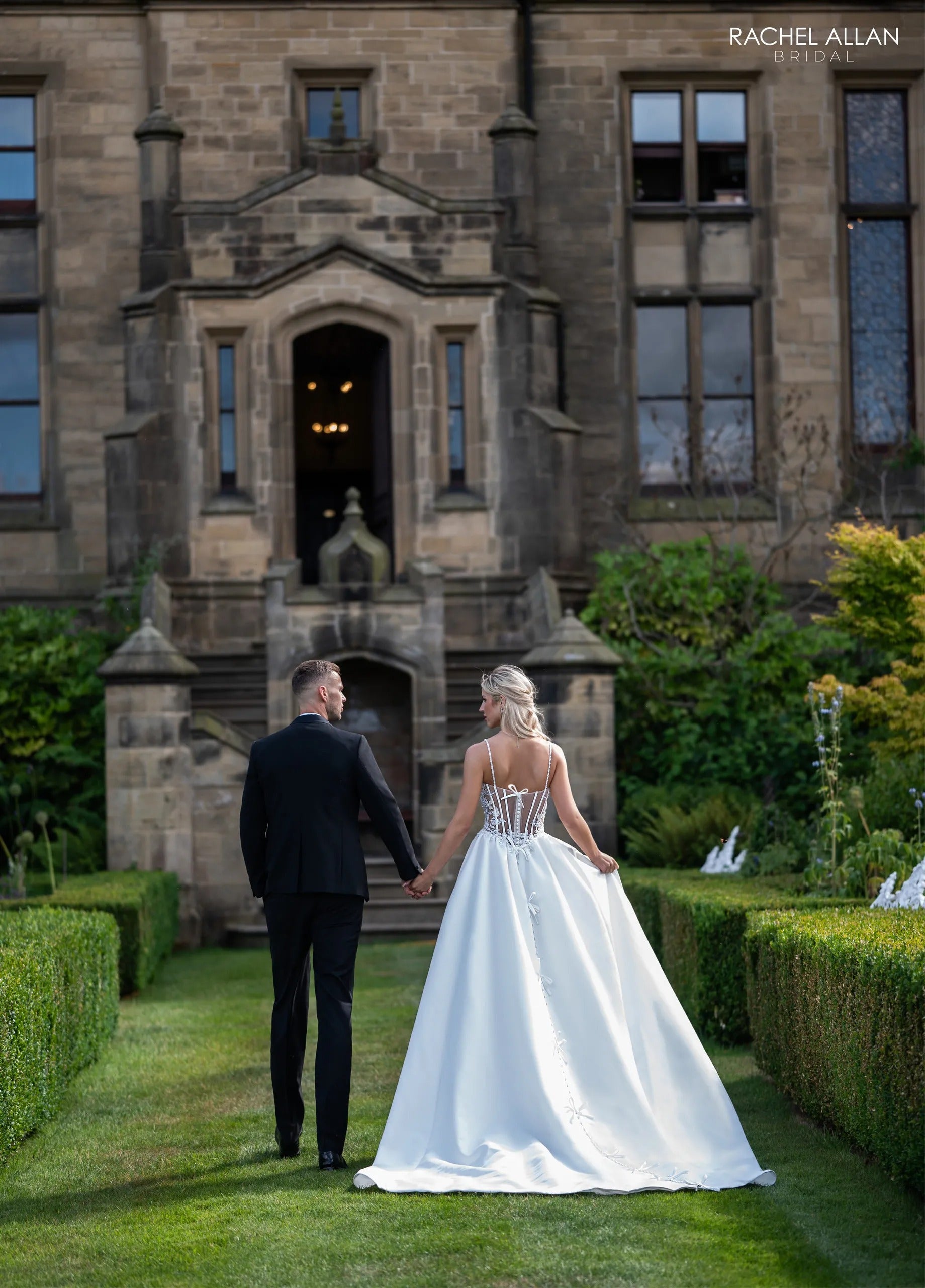 Ivory Nude Cowl Neck Floor-Length Satin A-Line Bridal Gown with Side Slit Rachel Allan RB2232