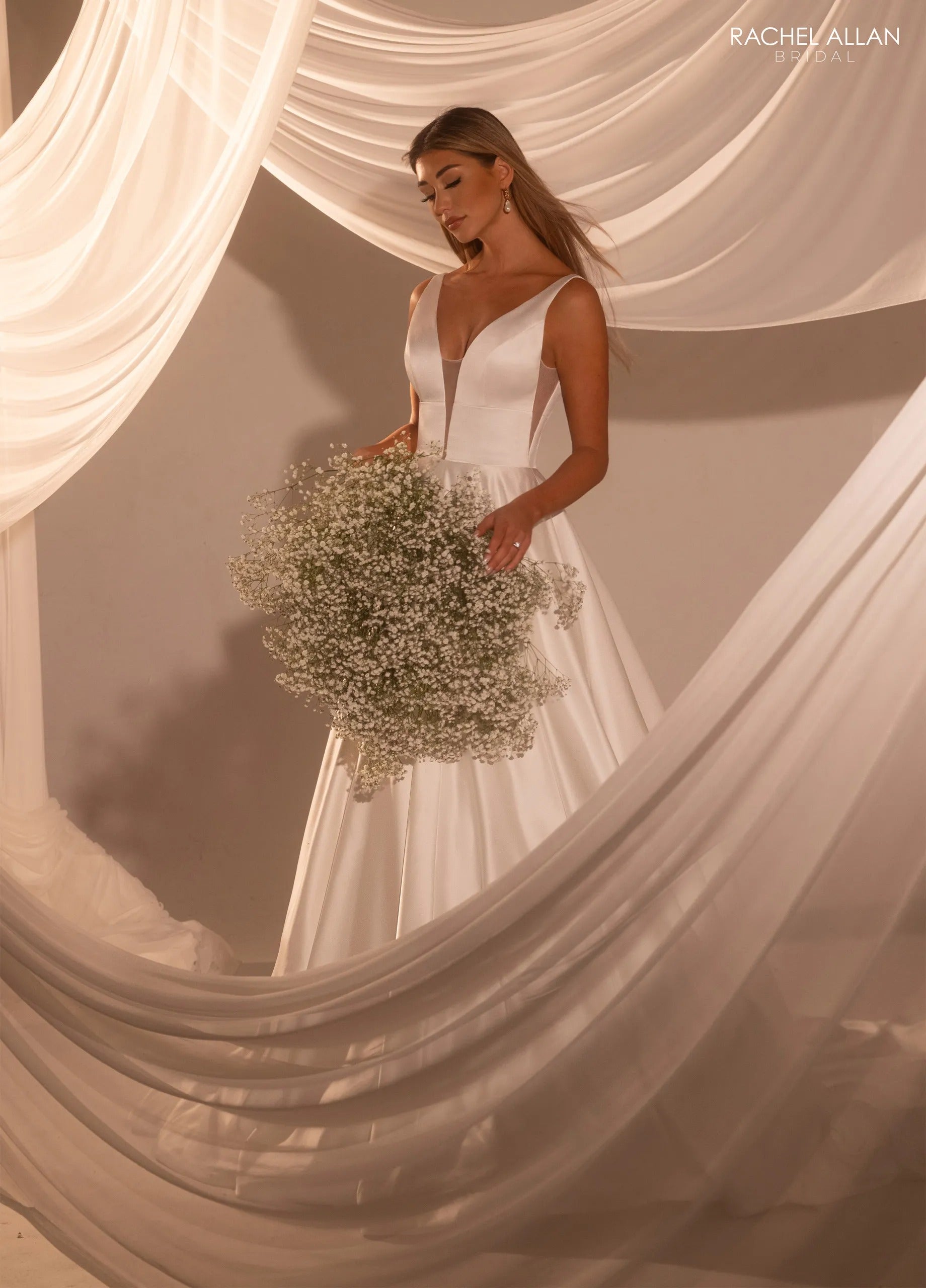 Ivory Nude Plunging V-Neck Floor-Length Satin Bridal Gown with Sweeping Train Rachel Allan RB2222