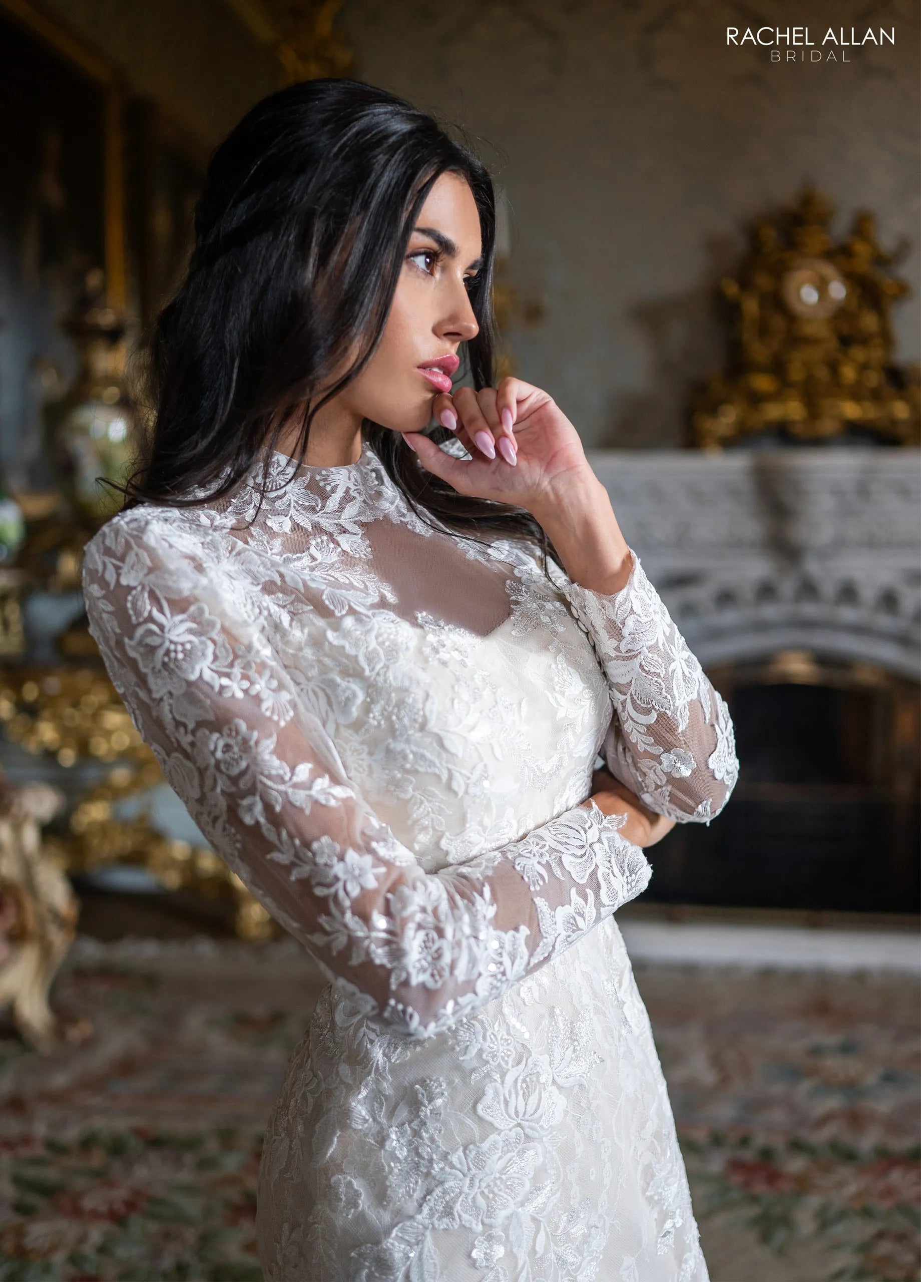Ivory Champagne High-Neck Long-Sleeve Lace Mermaid Bridal Gown with Open Back Rachel Allan RB2234